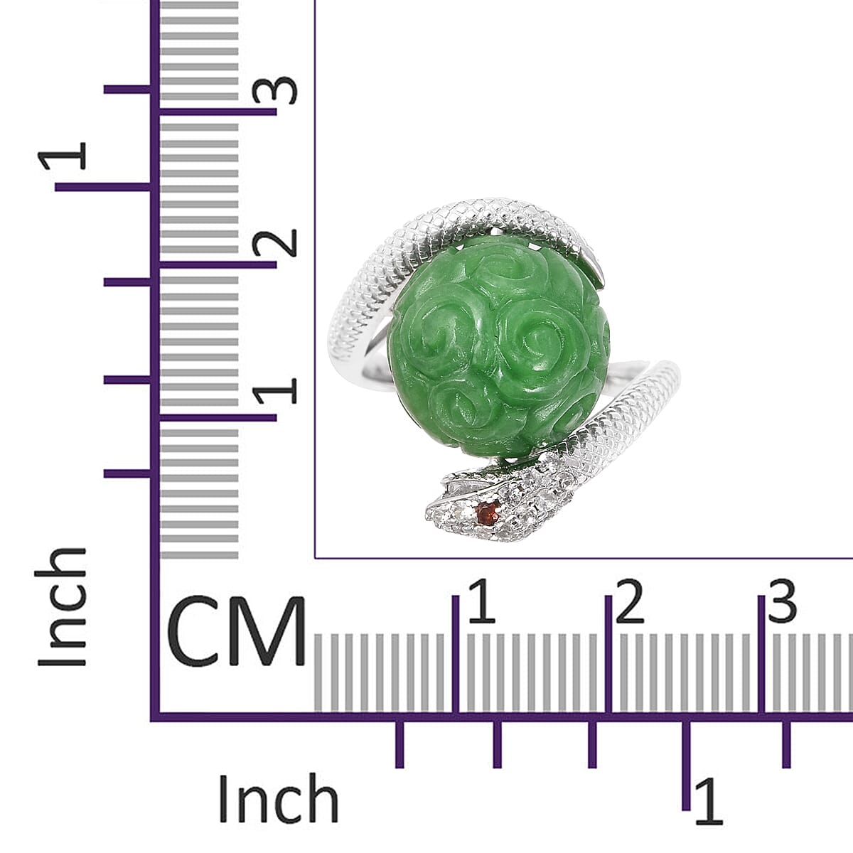 AAA Carved Green Jade, Natural Cambodian Zircon and Mozambique Garnet Fortune Ball Snake Ring in Rhodium Overlay Sterling Silver 22.13 Ct, Silver wt 5.13 Gms