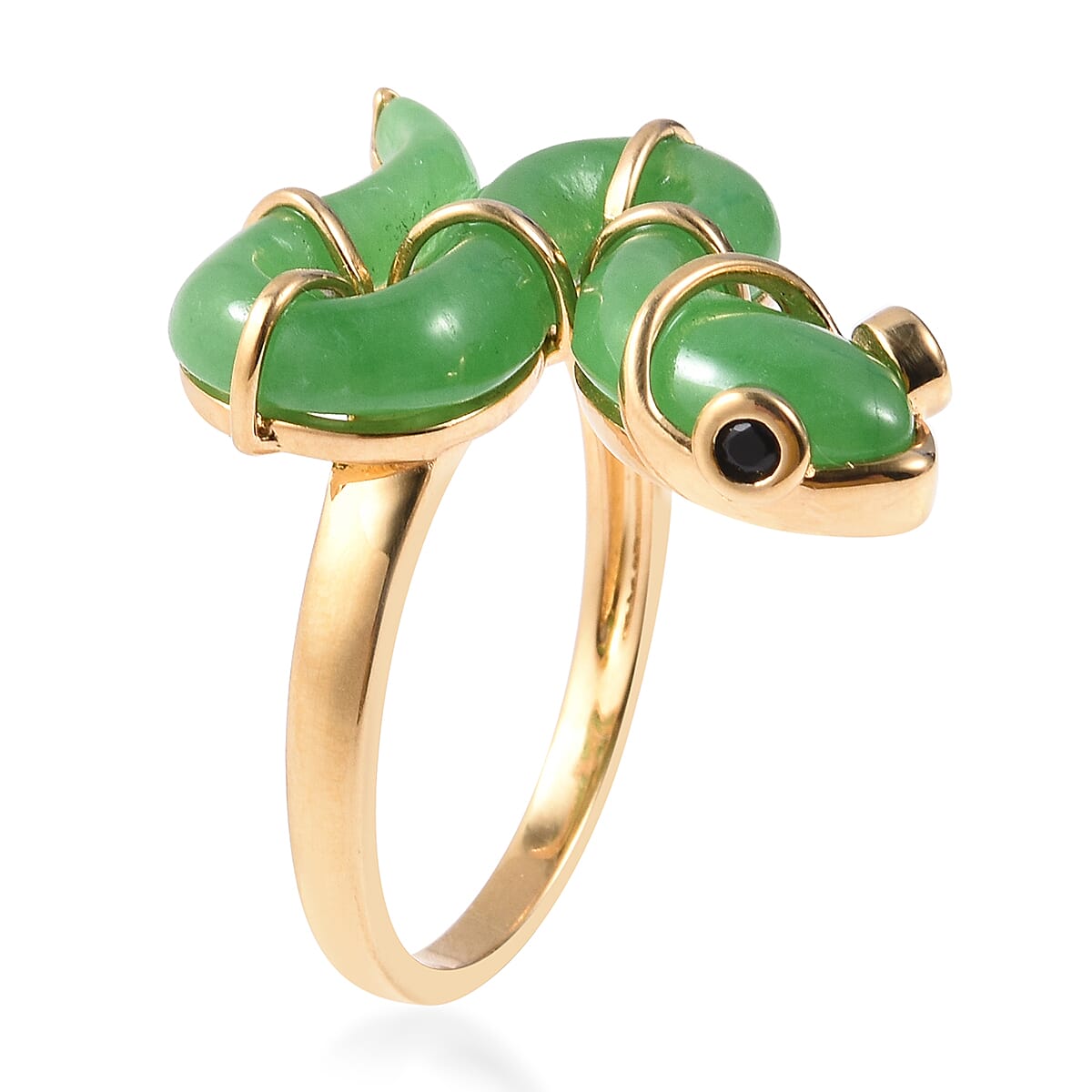 Green Jade and Boi Ploi Black Spinel Snake Ring in Yellow Gold Overlay Sterling Silver 9.58 Ct.
