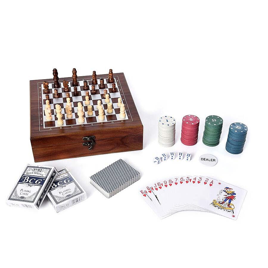 Games Set in Folding Checkerboard Box (includes 32 Chess Pieces, 2 Decks of Cards, 5 Dice and 101 Chips)