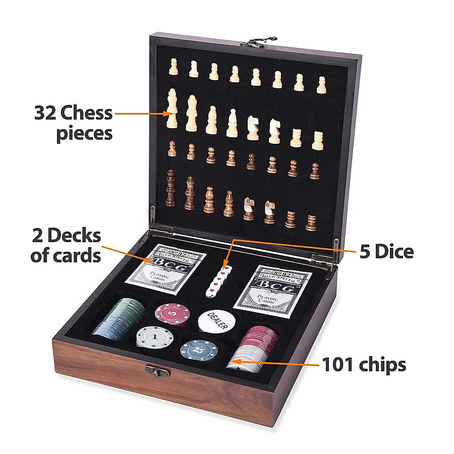Games Set in Folding Checkerboard Box (includes 32 Chess Pieces, 2 Decks of Cards, 5 Dice and 101 Chips)