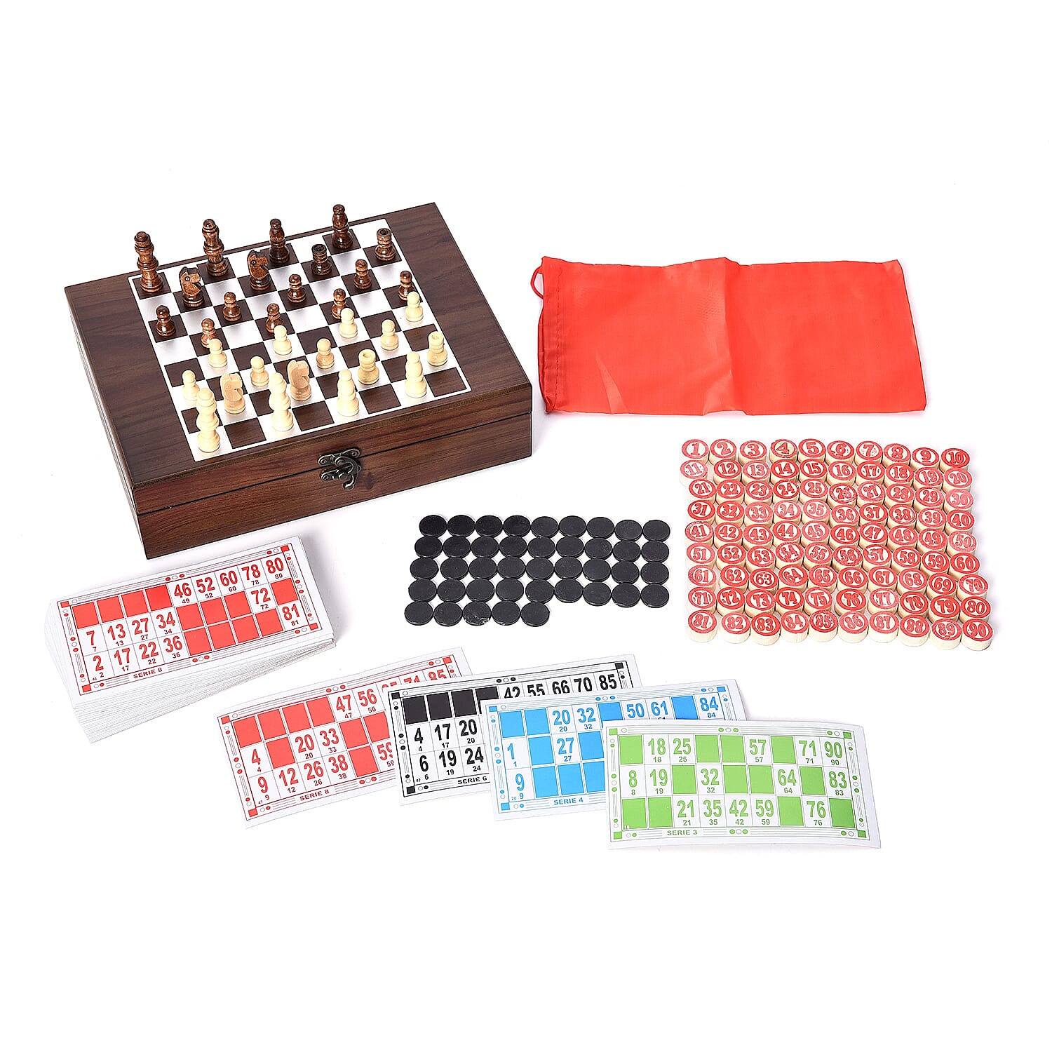 Games Set in Folding Checkerboard Box (includes 32 Chess Pieces, 90 Number Tiles and Tickets)