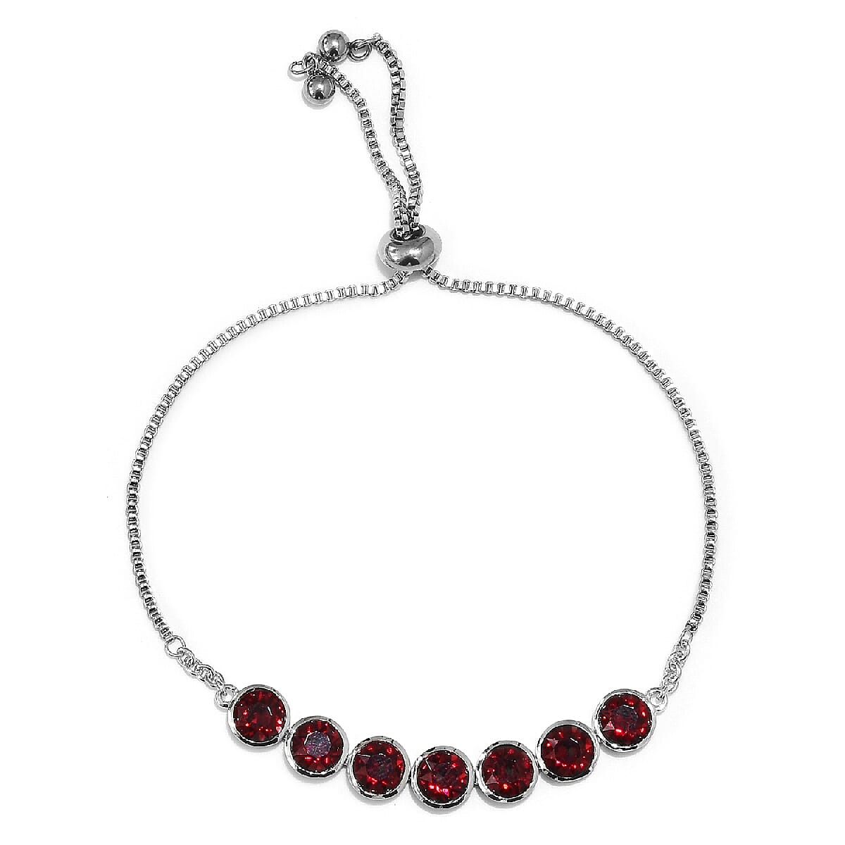 J Francis -  Ruby Colour Crystal (Rnd) Adjustable Bracelet (Size 6.5-9.5) in Platinum Plated