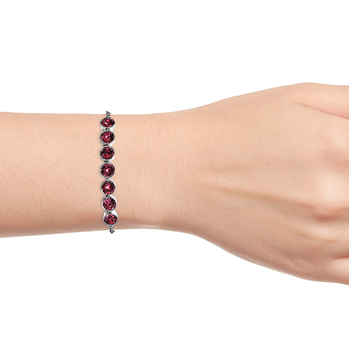 J Francis -  Ruby Colour Crystal (Rnd) Adjustable Bracelet (Size 6.5-9.5) in Platinum Plated