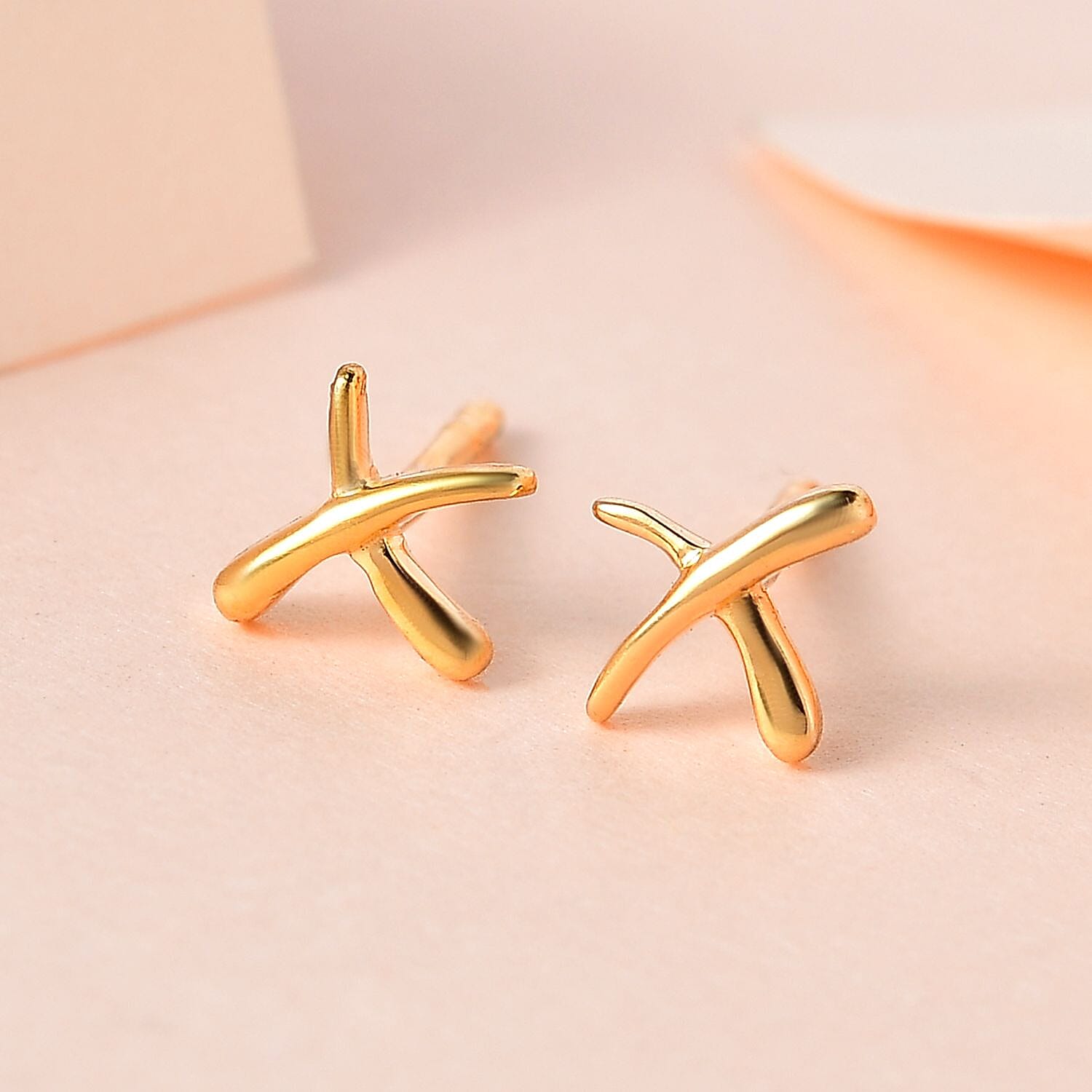 Designer Inspired - Yellow Gold Plated Sterling Silver Criss Cross Earrings (with Push Back)