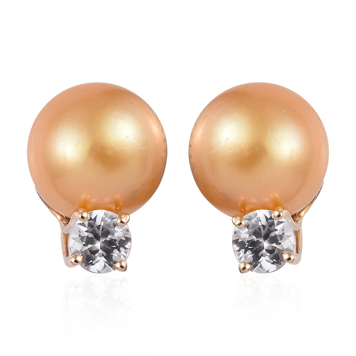 GP 9K Yellow Gold South Sea Golden Pearl (Rnd), Natural Cambodian Zircon and  Blue Sapphire Stud Earrings (with Push Back) 12.00 Ct.