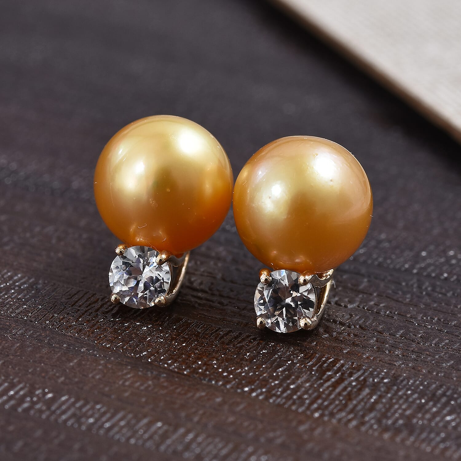 GP 9K Yellow Gold South Sea Golden Pearl (Rnd), Natural Cambodian Zircon and  Blue Sapphire Stud Earrings (with Push Back) 12.00 Ct.