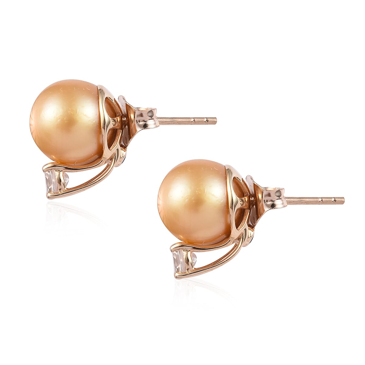 GP 9K Yellow Gold South Sea Golden Pearl (Rnd), Natural Cambodian Zircon and  Blue Sapphire Stud Earrings (with Push Back) 12.00 Ct.