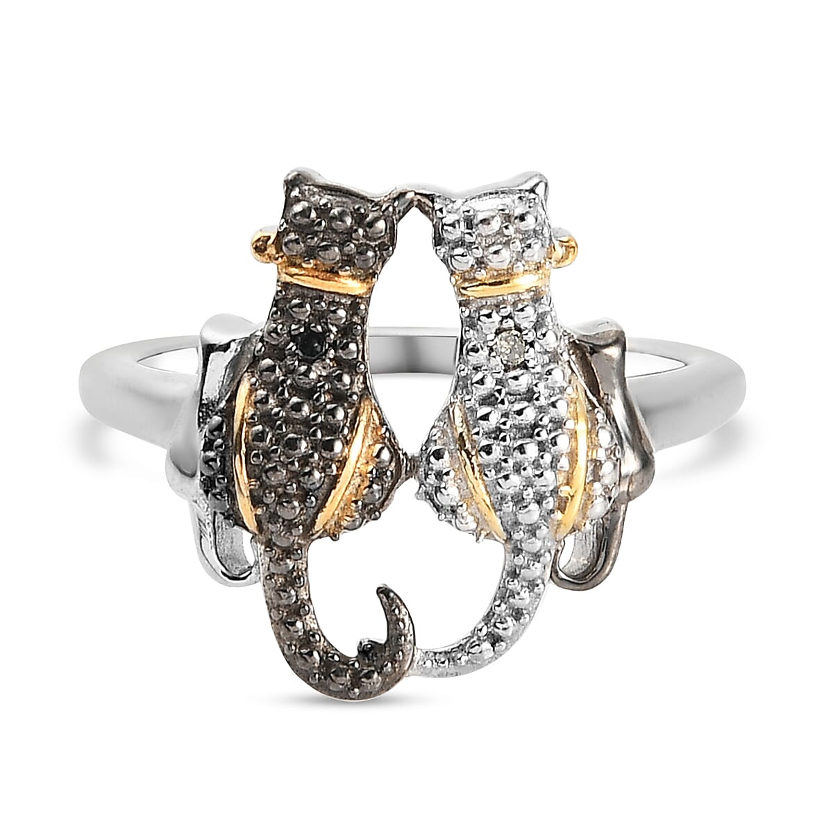 Black and White Diamond (Rnd) Cat Ring in Platinum Overlay Sterling Silver with Black and Yellow Gold Plating