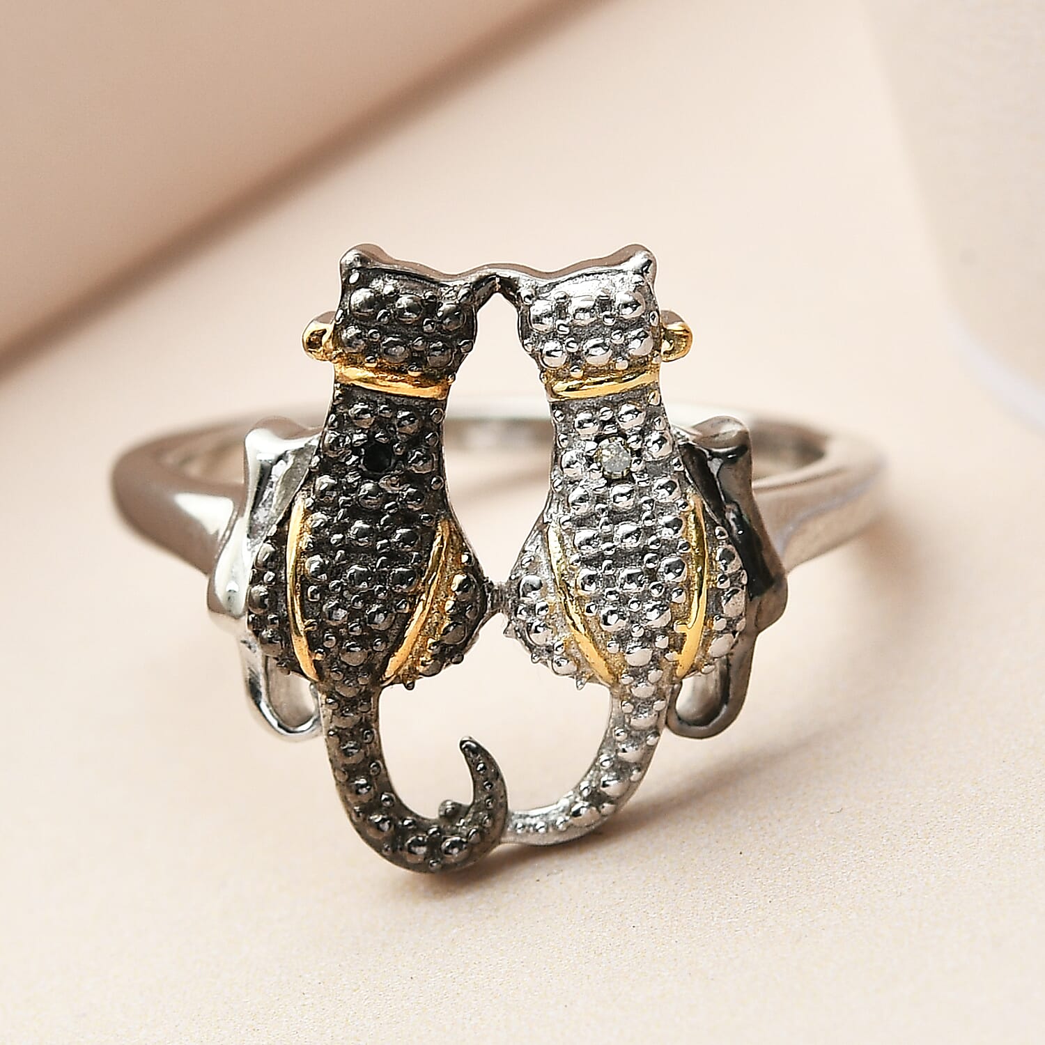 Black and White Diamond (Rnd) Cat Ring in Platinum Overlay Sterling Silver with Black and Yellow Gold Plating