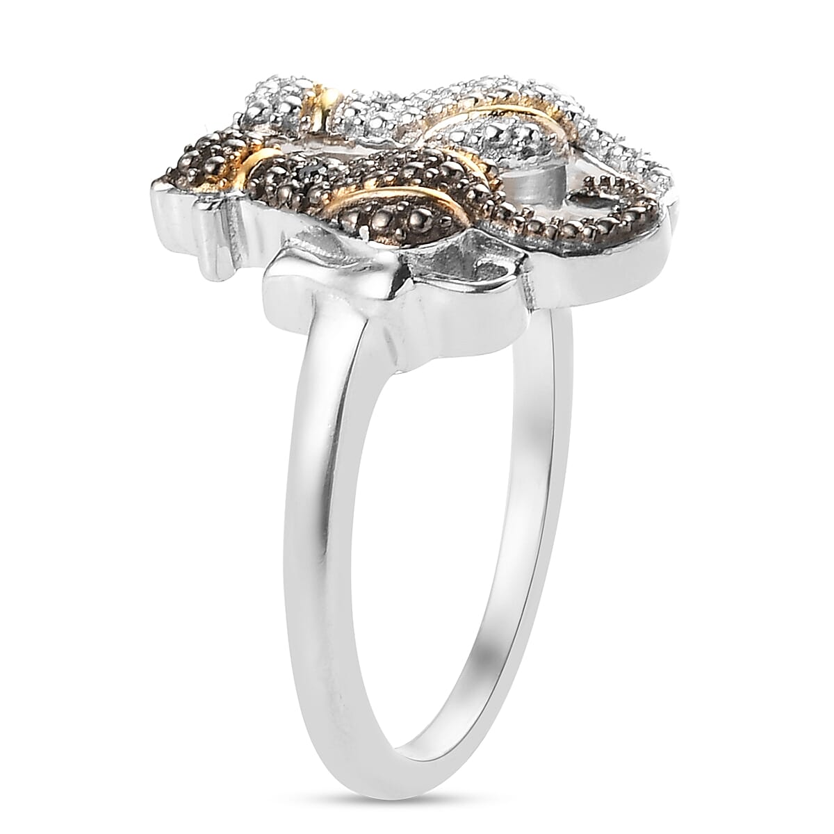 Black and White Diamond (Rnd) Cat Ring in Platinum Overlay Sterling Silver with Black and Yellow Gold Plating