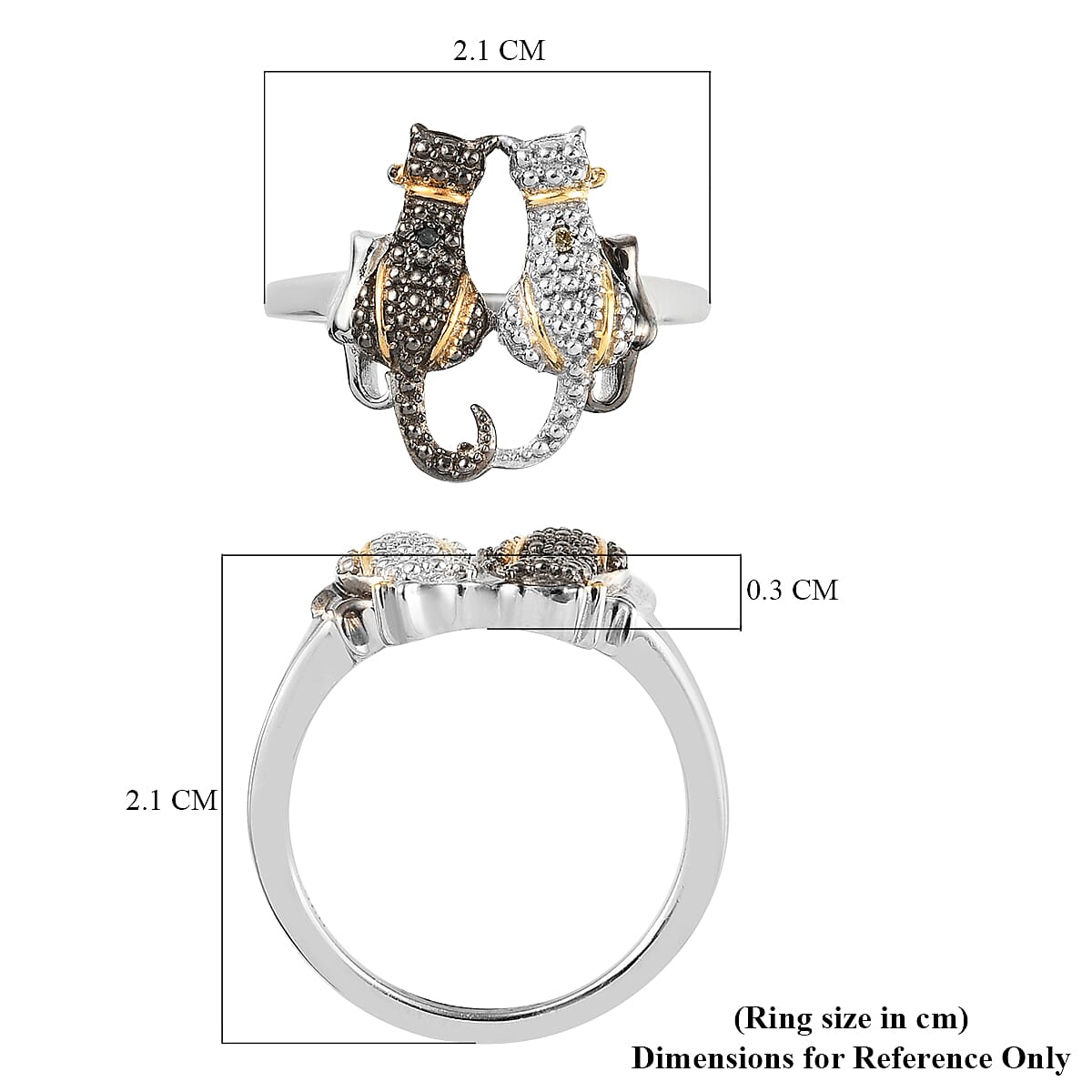 Black and White Diamond (Rnd) Cat Ring in Platinum Overlay Sterling Silver with Black and Yellow Gold Plating