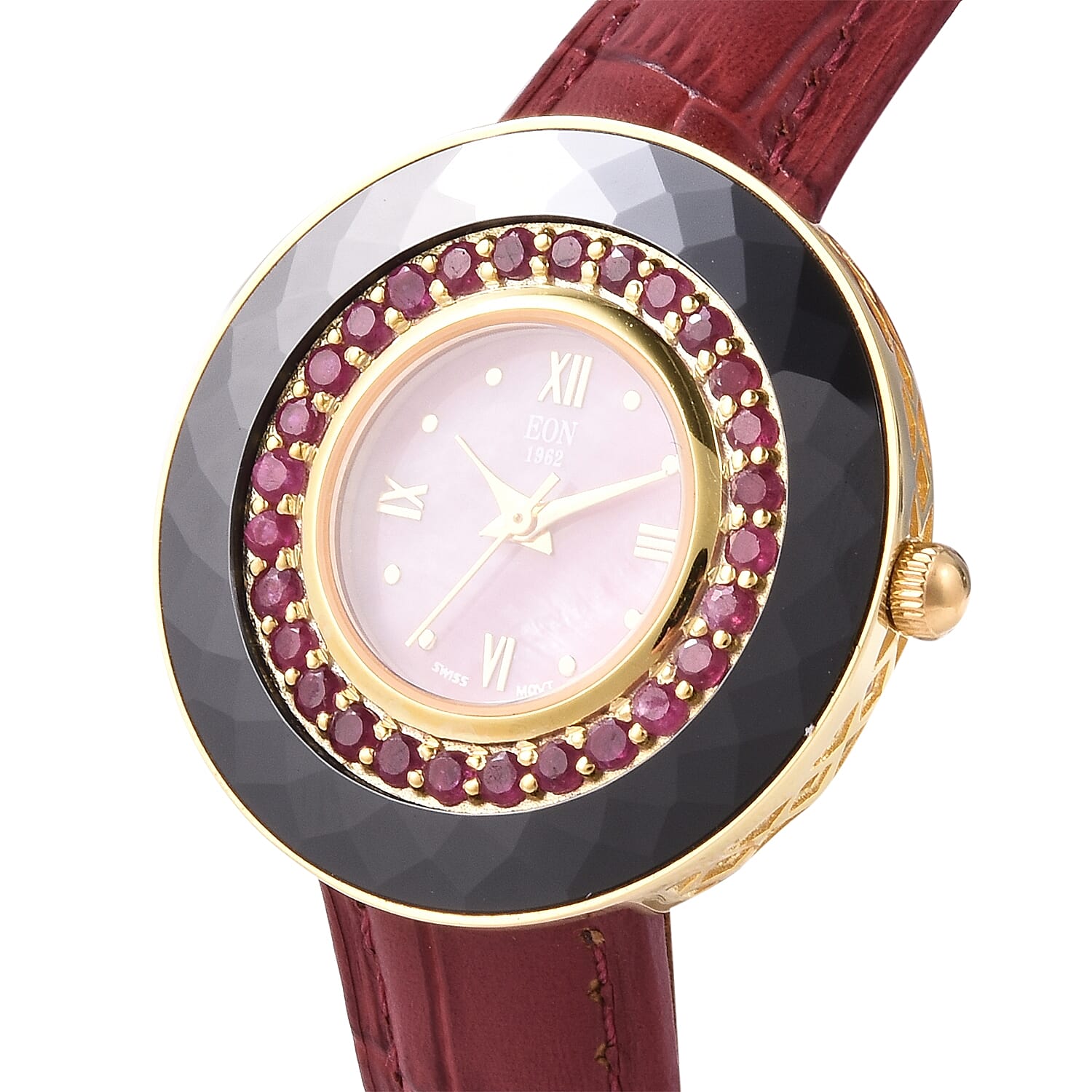 EON 1962 Swiss Movement African Ruby (Rnd), Black Ceramic Water Resistant Watch in Yellow Gold Plating with Red Leather Strap 13.92 Ct, Silver wt 17.00 Gms