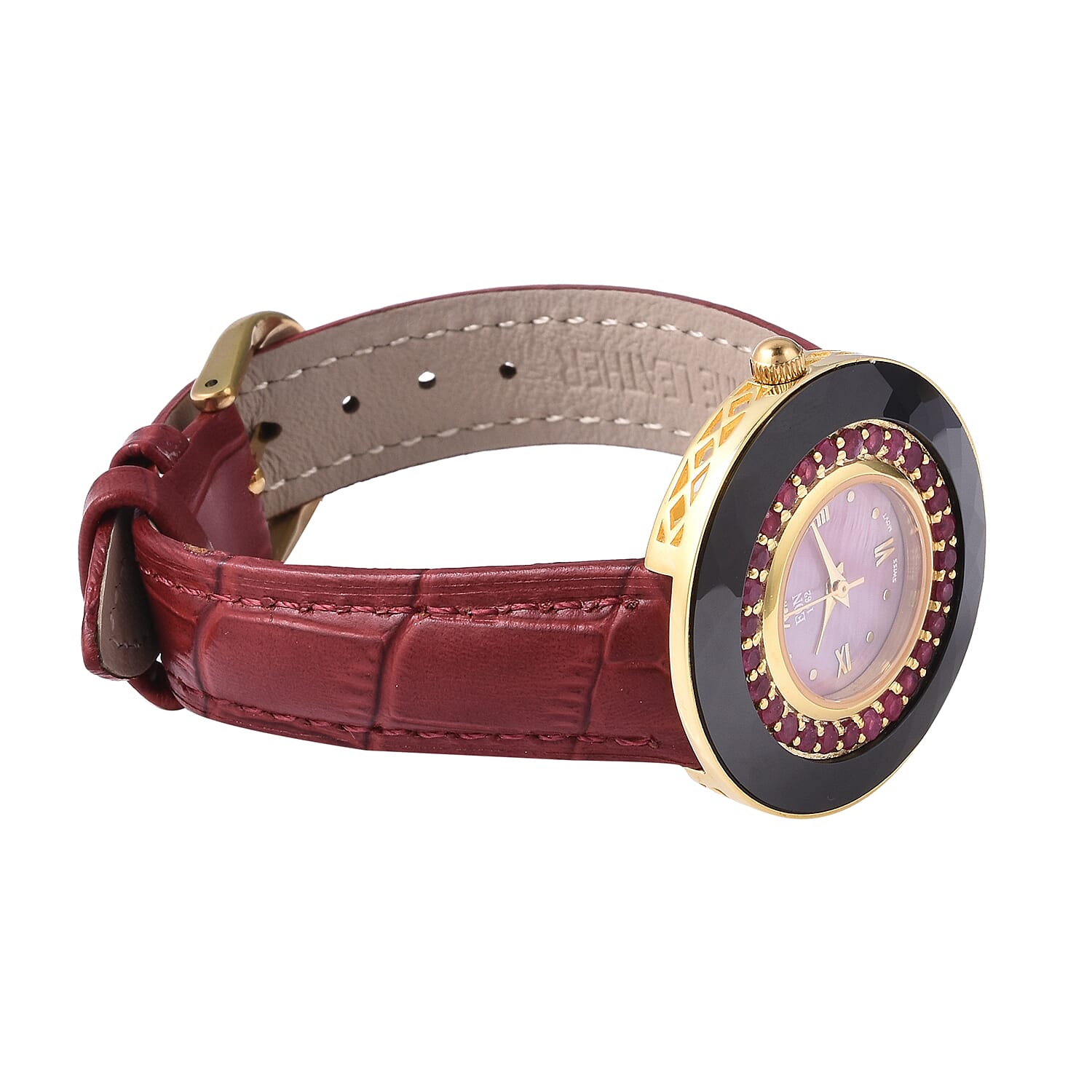 EON 1962 Swiss Movement African Ruby (Rnd), Black Ceramic Water Resistant Watch in Yellow Gold Plating with Red Leather Strap 13.92 Ct, Silver wt 17.00 Gms