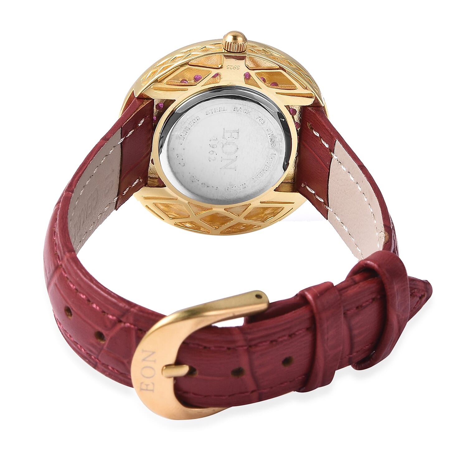EON 1962 Swiss Movement African Ruby (Rnd), Black Ceramic Water Resistant Watch in Yellow Gold Plating with Red Leather Strap 13.92 Ct, Silver wt 17.00 Gms