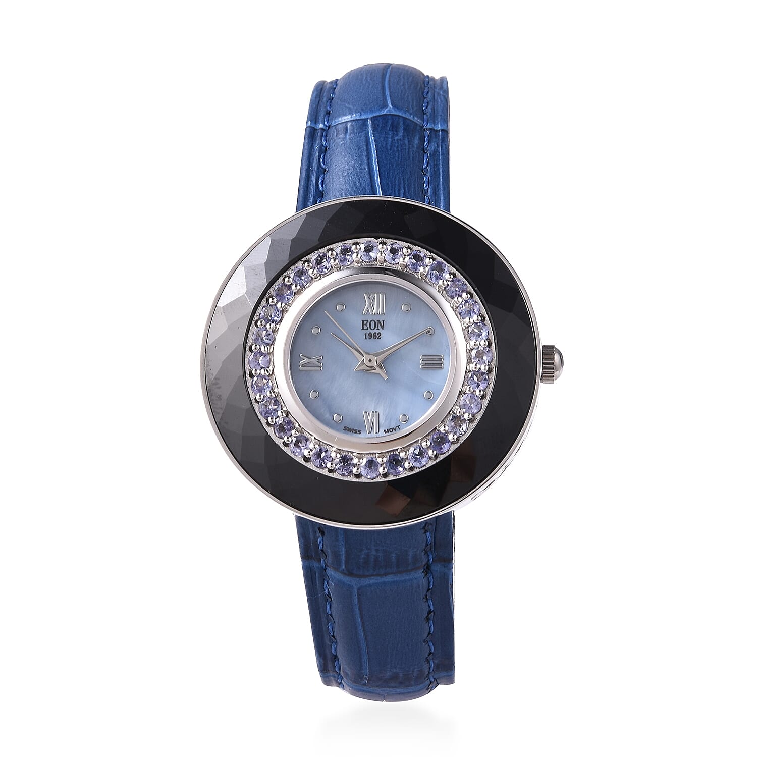 EON 1962 Swiss Movement Tanzanite (Rnd), Black Ceramic Water Resistant Watch in Rhodium Plating with Blue Leather Strap 11.40 Ct, Silver wt 17.00 Gms
