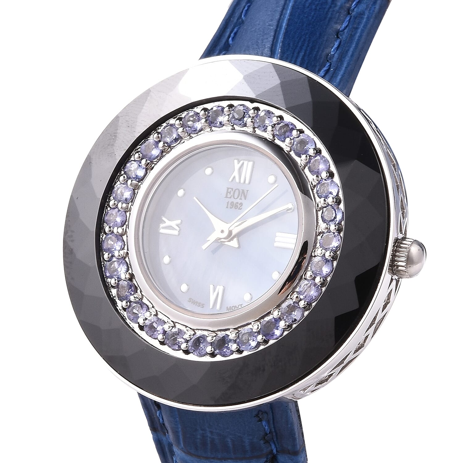 EON 1962 Swiss Movement Tanzanite (Rnd), Black Ceramic Water Resistant Watch in Rhodium Plating with Blue Leather Strap 11.40 Ct, Silver wt 17.00 Gms