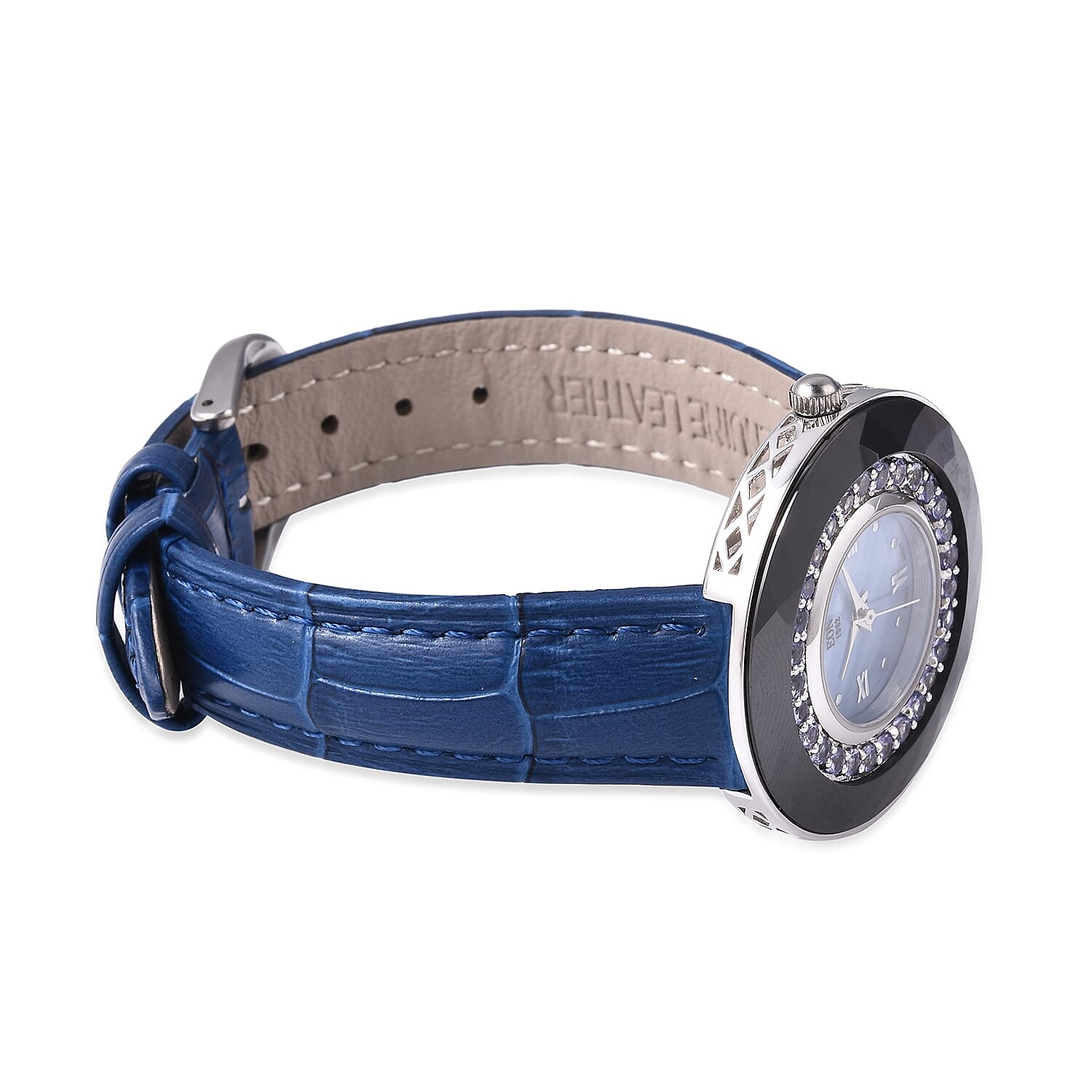 EON 1962 Swiss Movement Tanzanite (Rnd), Black Ceramic Water Resistant Watch in Rhodium Plating with Blue Leather Strap 11.40 Ct, Silver wt 17.00 Gms