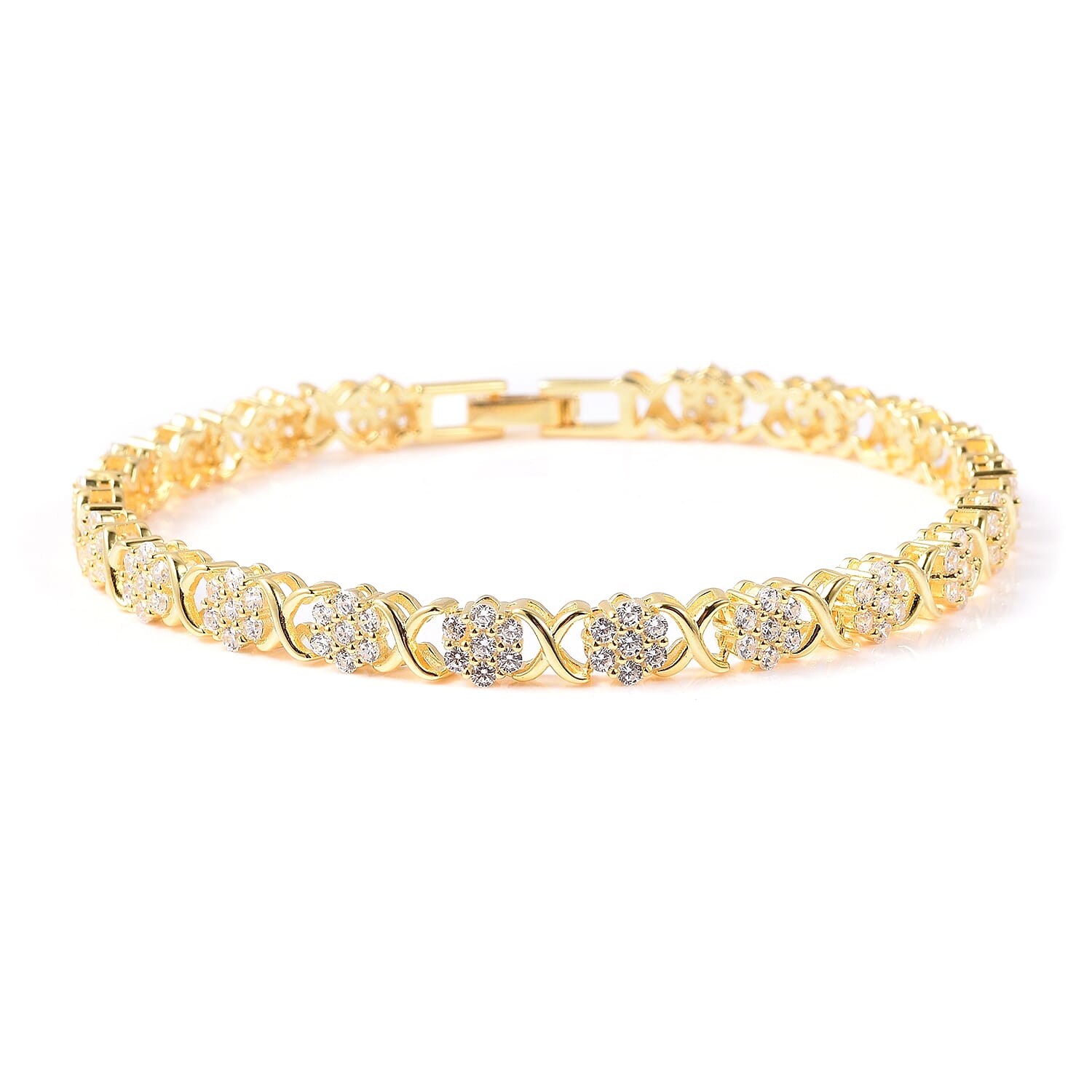 ELANZA Simulated Diamond (Rnd) Criss Cross Floral Bracelet (Size 7) in Yellow Gold Overlay Sterling Silver, Silver wt 10.87 Gms