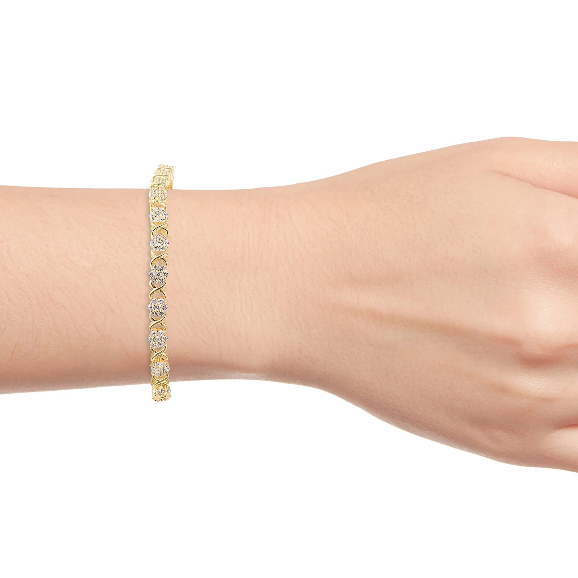 ELANZA Simulated Diamond (Rnd) Criss Cross Floral Bracelet (Size 7) in Yellow Gold Overlay Sterling Silver, Silver wt 10.87 Gms