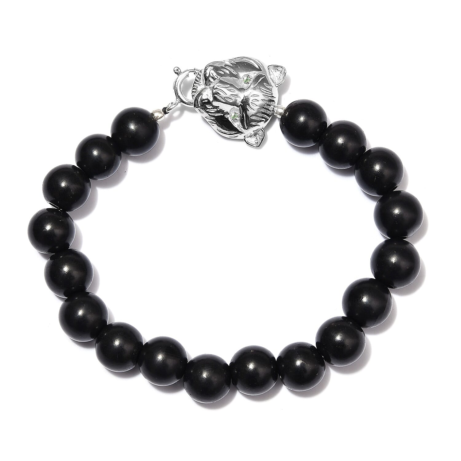 Shungite (Rnd), Tsavorite Garnet Leopard Head Bracelet (Size 7.5) in Platinum Overlay Sterling Silver 107.00 Ct.