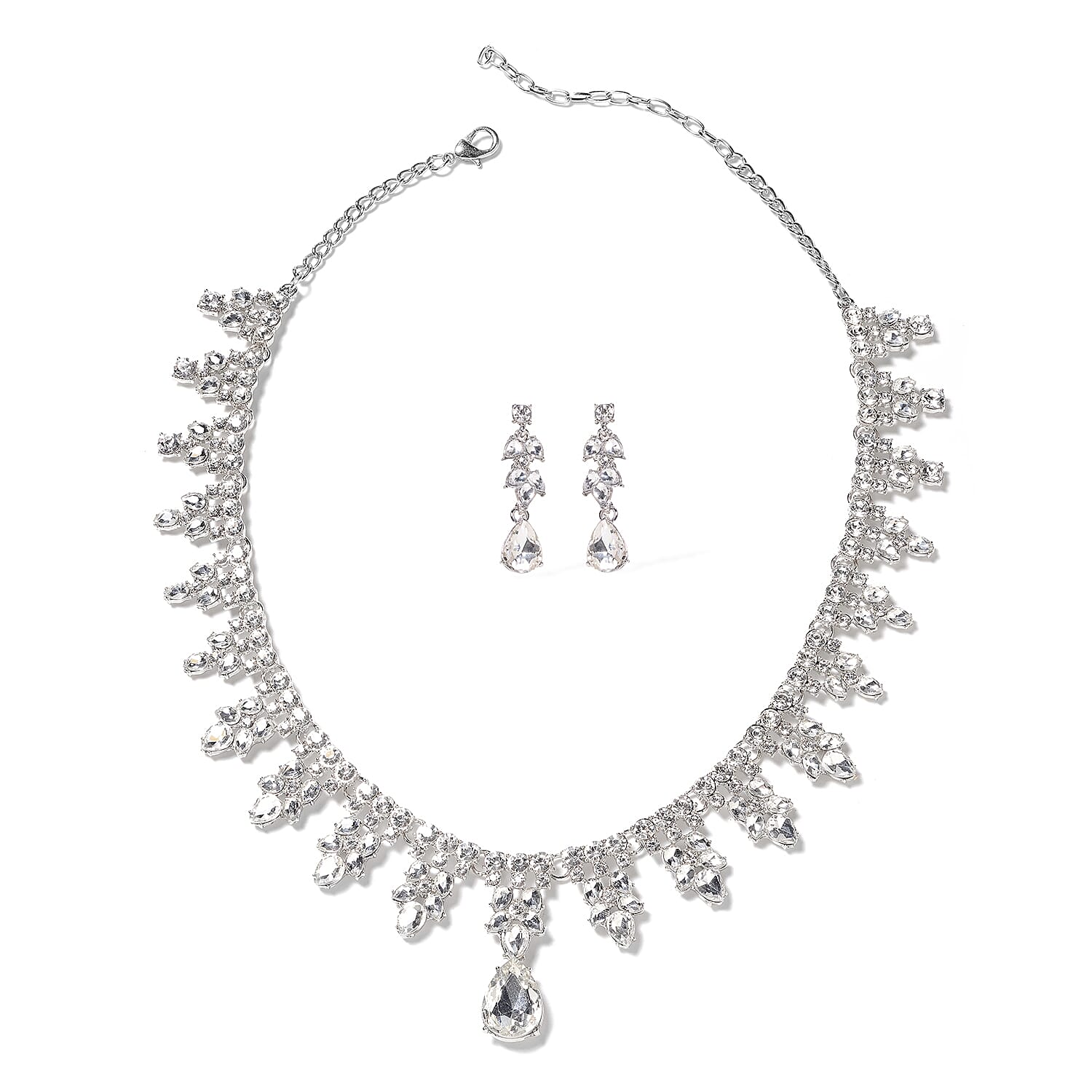 Simulated Diamond (Pear), White Austrian Crystal Necklace (Size 20 with 4 inch Extender) and Earrings (with Push Back) in Silver Plated