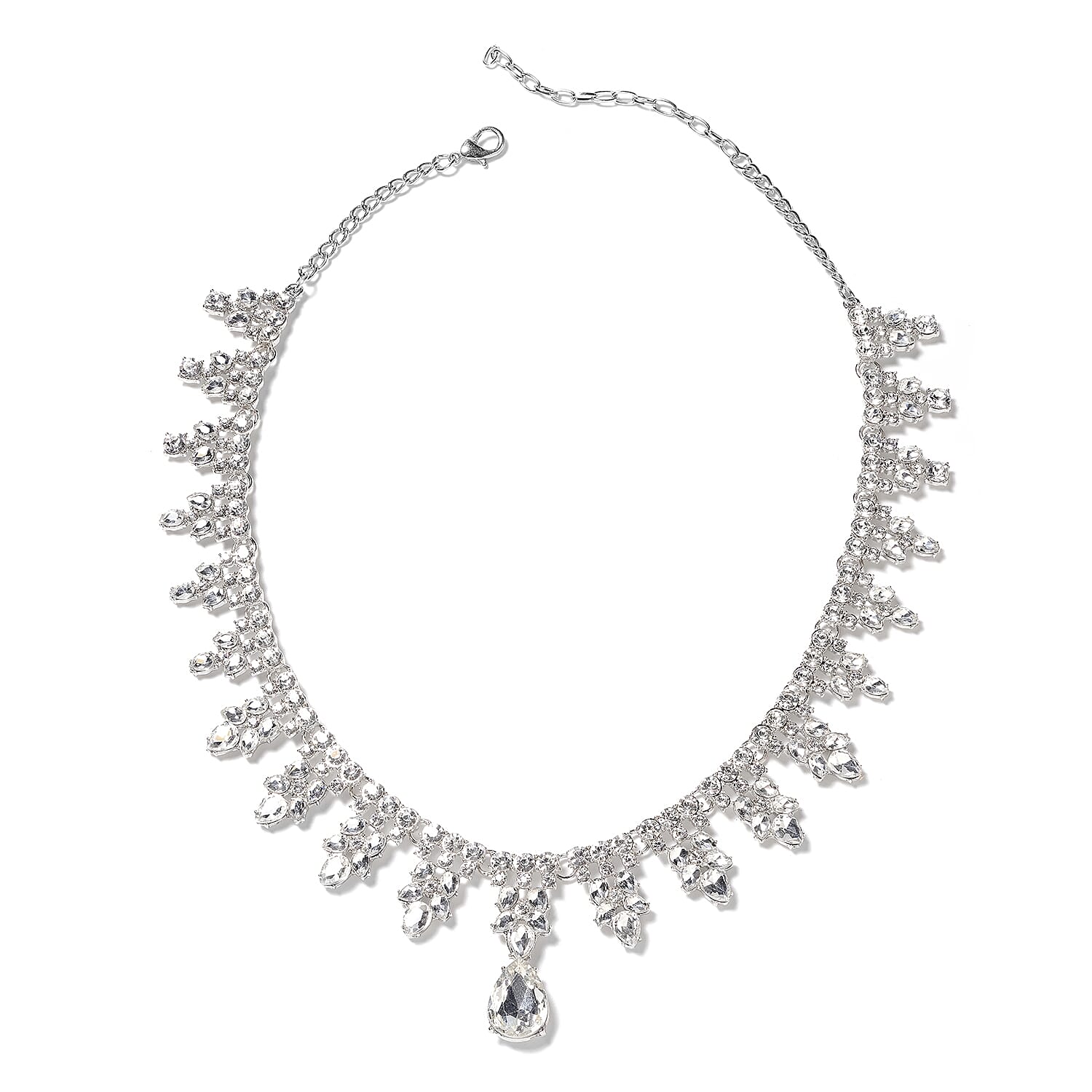 Simulated Diamond (Pear), White Austrian Crystal Necklace (Size 20 with 4 inch Extender) and Earrings (with Push Back) in Silver Plated