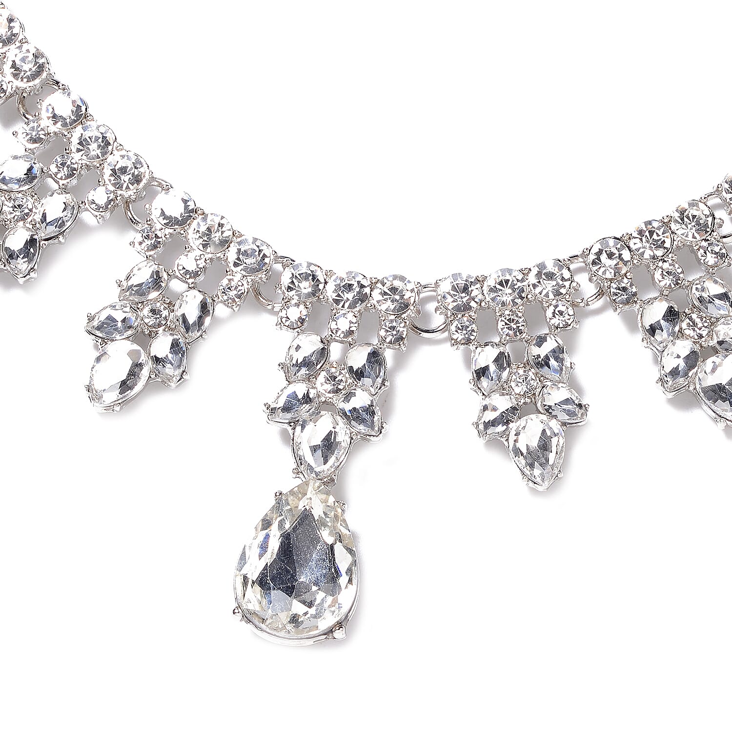 Simulated Diamond (Pear), White Austrian Crystal Necklace (Size 20 with 4 inch Extender) and Earrings (with Push Back) in Silver Plated