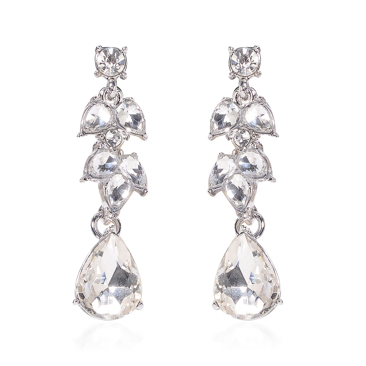 Simulated Diamond (Pear), White Austrian Crystal Necklace (Size 20 with 4 inch Extender) and Earrings (with Push Back) in Silver Plated