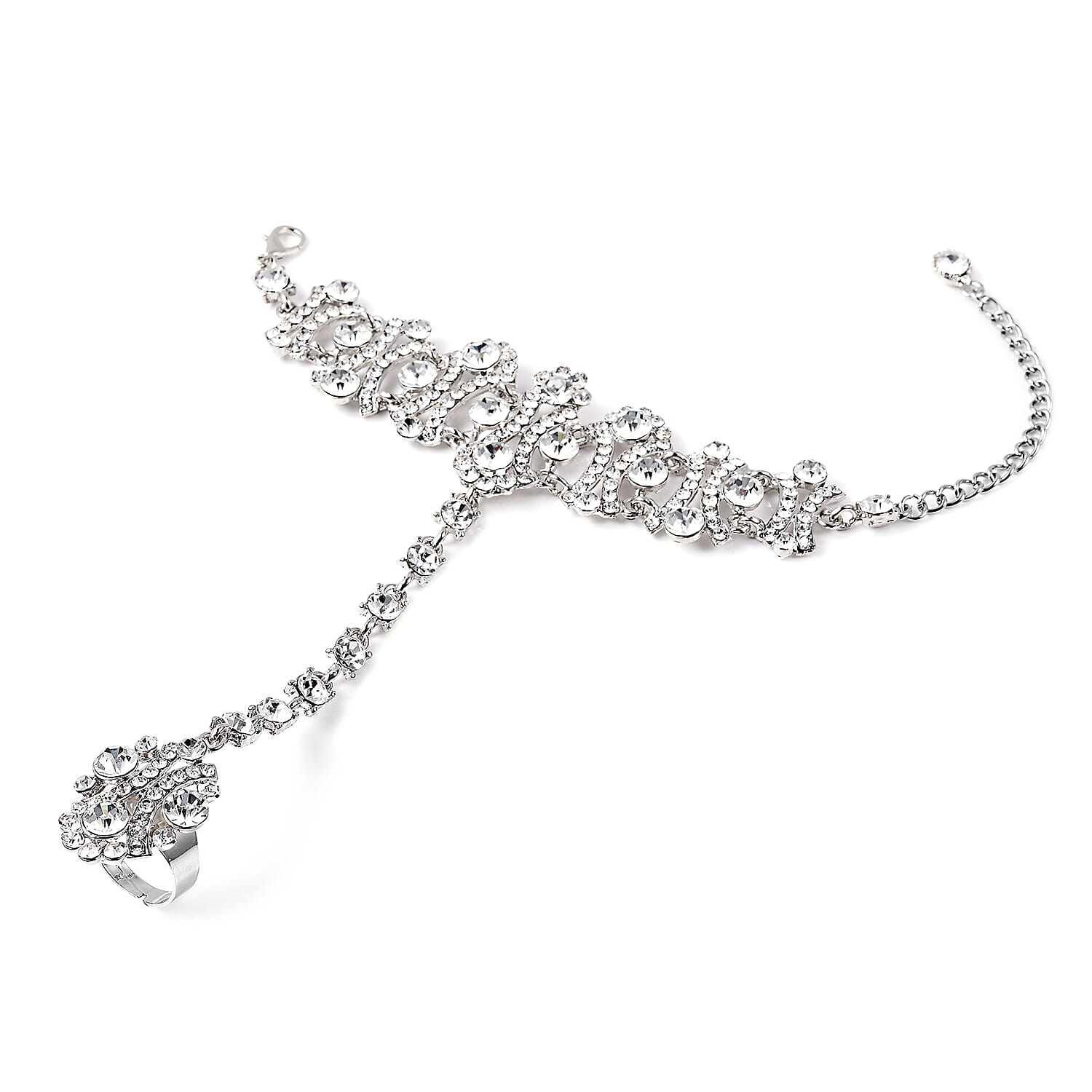 White Austrian Crystal (Rnd) Bracelet/Ring (Size 6.50 with 3 Inch Extender) in Silver Tone