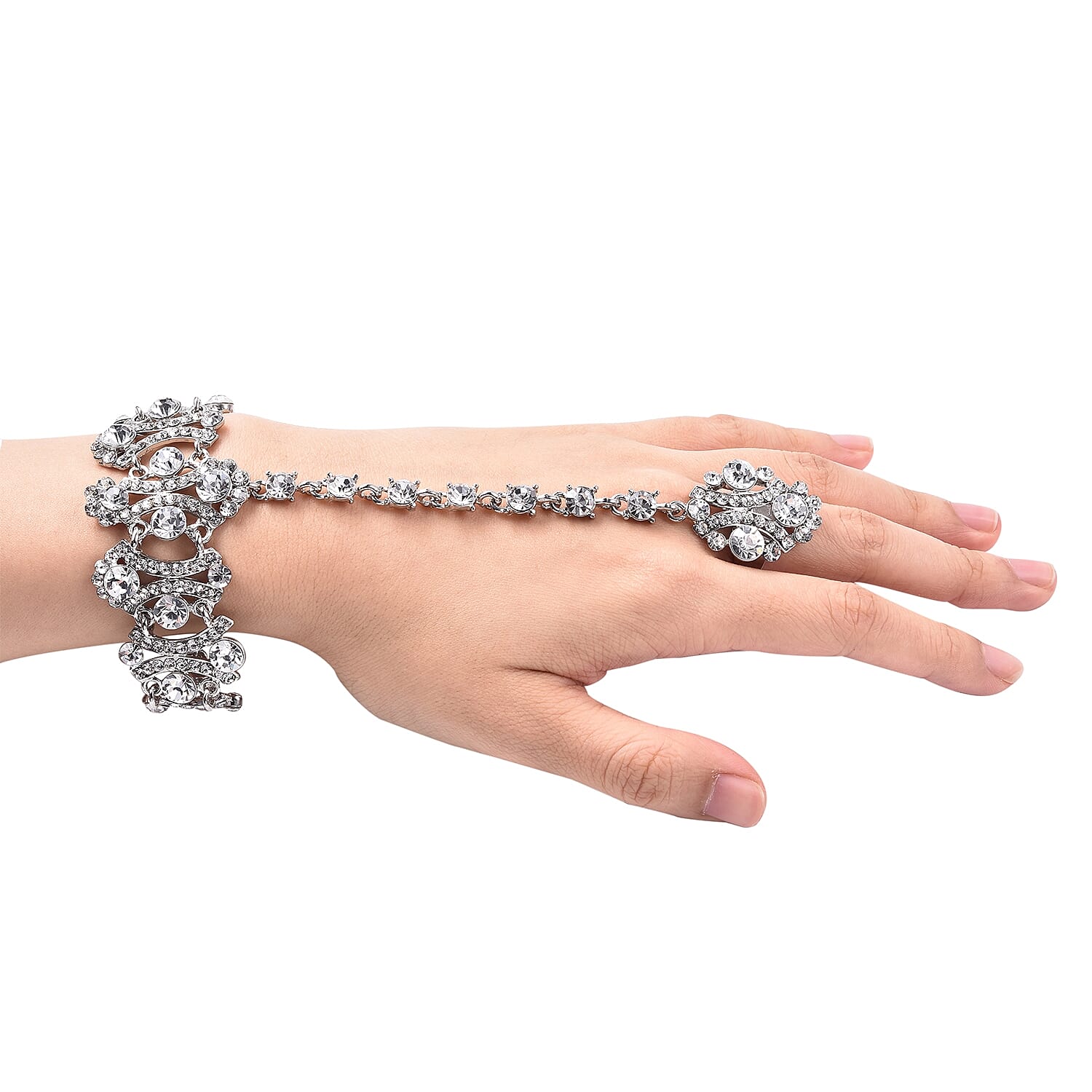 White Austrian Crystal (Rnd) Bracelet/Ring (Size 6.50 with 3 Inch Extender) in Silver Tone