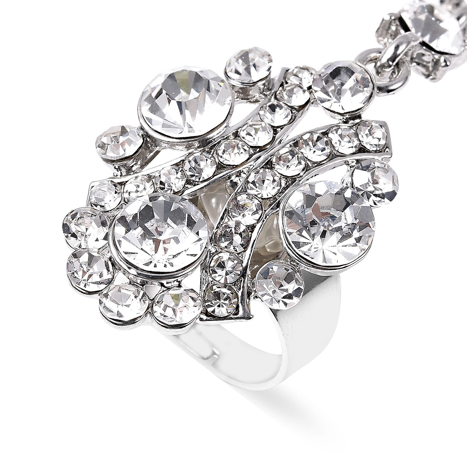 White Austrian Crystal (Rnd) Bracelet/Ring (Size 6.50 with 3 Inch Extender) in Silver Tone