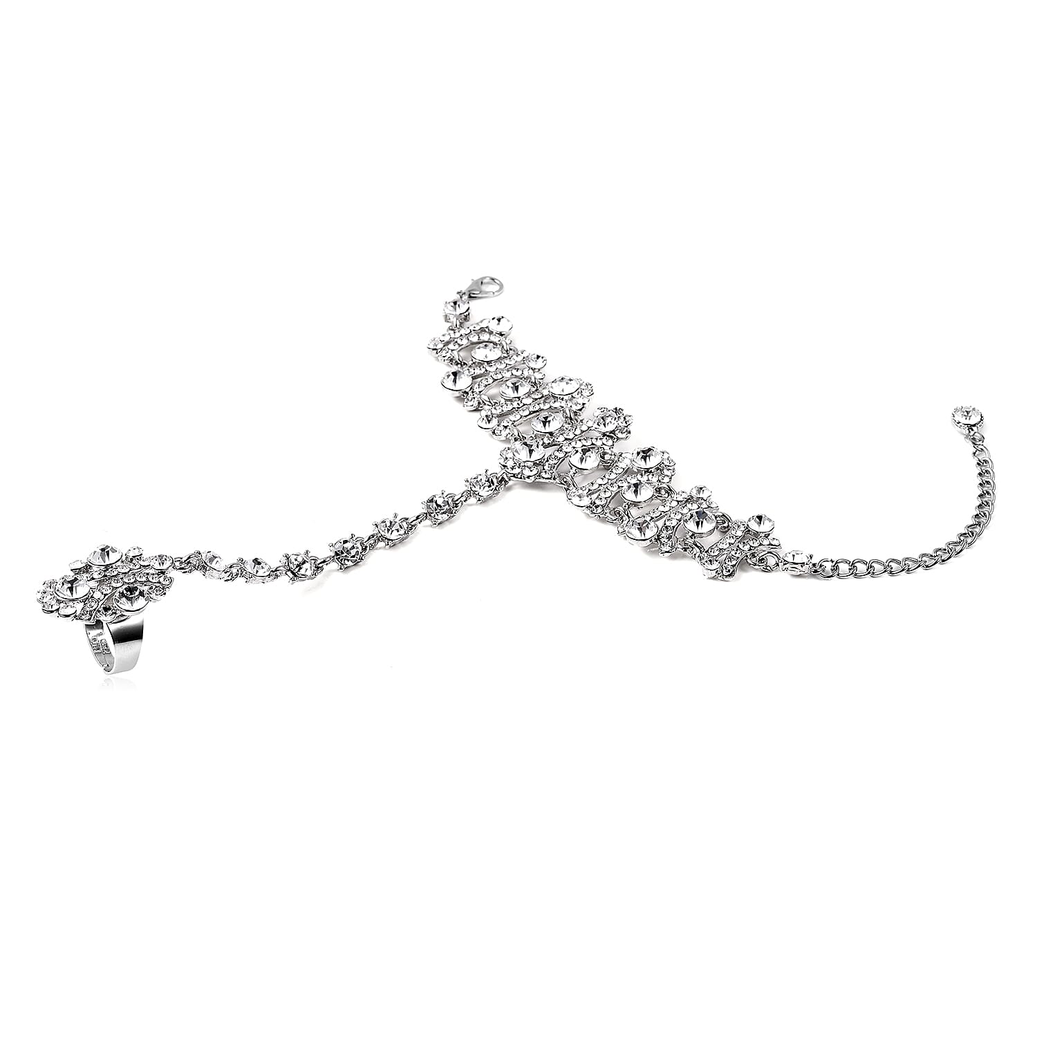 White Austrian Crystal (Rnd) Bracelet/Ring (Size 6.50 with 3 Inch Extender) in Silver Tone