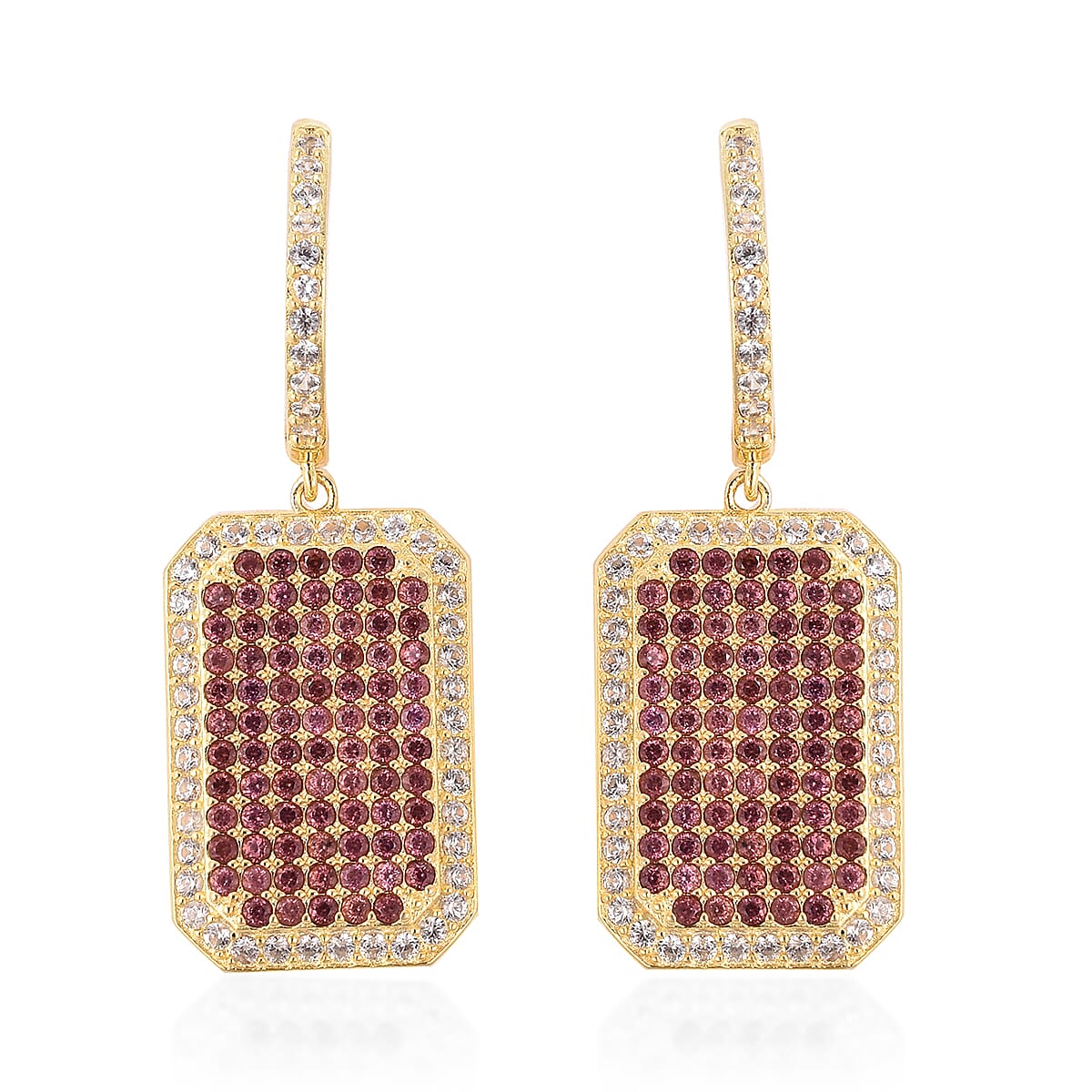 Rhodolite Garnet and Natural White Cambodian Zircon Drop Earrings (with Clasp) in Rhodium  and Yellow Gold Vermeil Overlay Sterling Silver 3.14 Ct, Silver wt 8.67 Gms