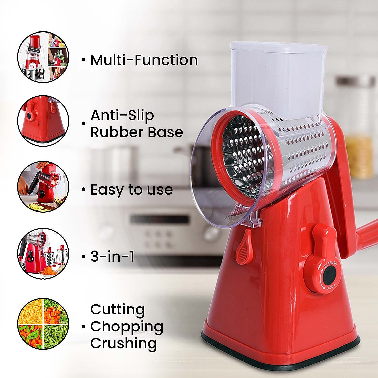 Whizzy Chopper - 3 in 1 Slicer, Grater and Shredder. Safe Barrel Blades - Speedy Chopping, Easy Cleaning, Non-Electric - Red