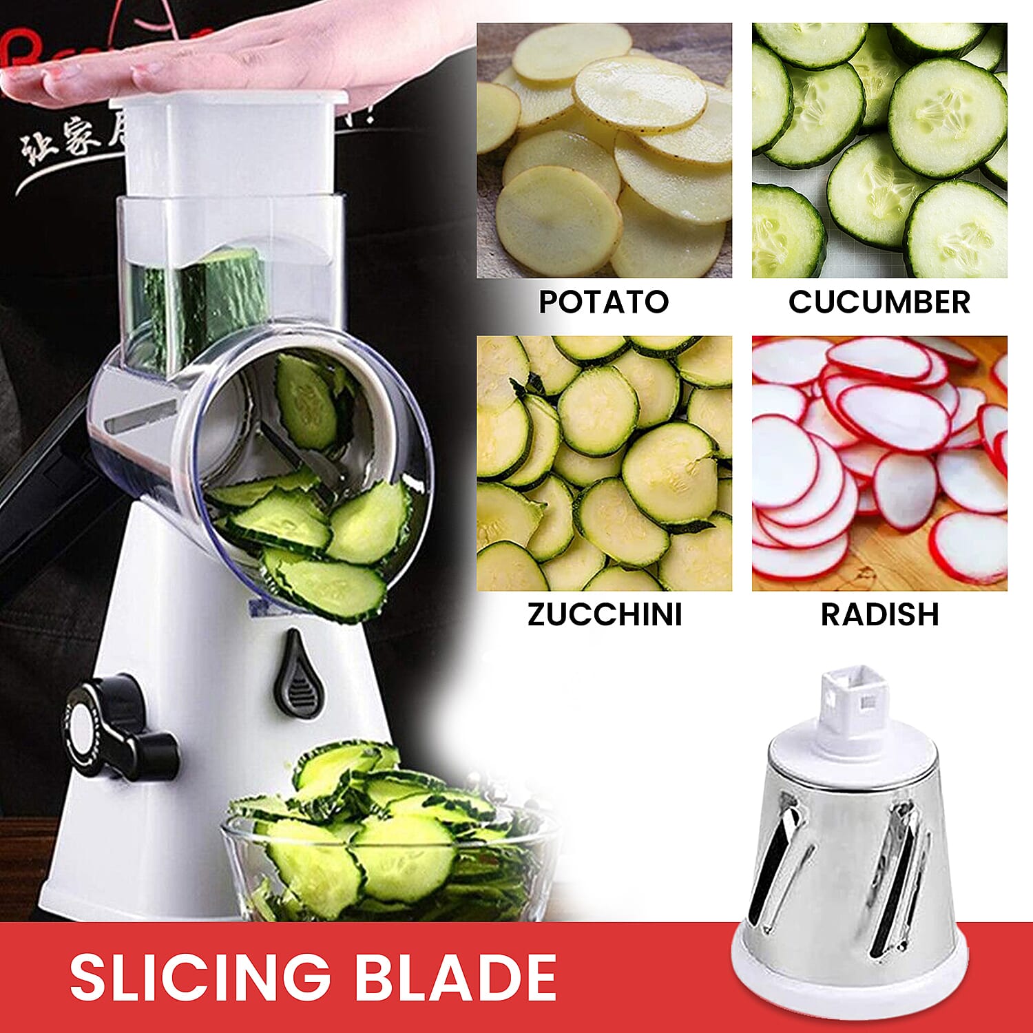 Whizzy Chopper - 3 in 1 Cheese. Vegetable and Fruit Slicer with One Slicing, Shredding and Grating Blade (Size 28x18x14 Cm) - White