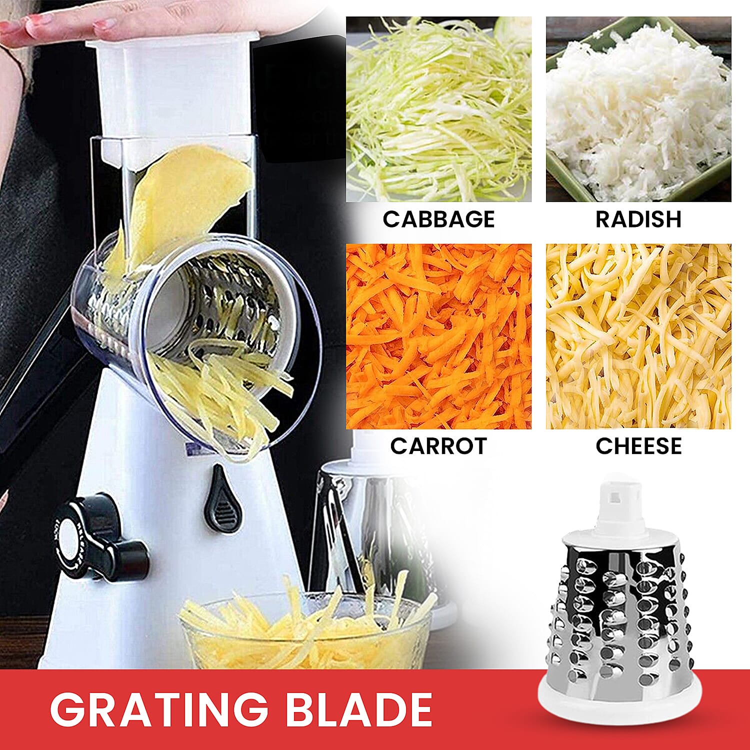 Whizzy Chopper - 3 in 1 Cheese. Vegetable and Fruit Slicer with One Slicing, Shredding and Grating Blade (Size 28x18x14 Cm) - White