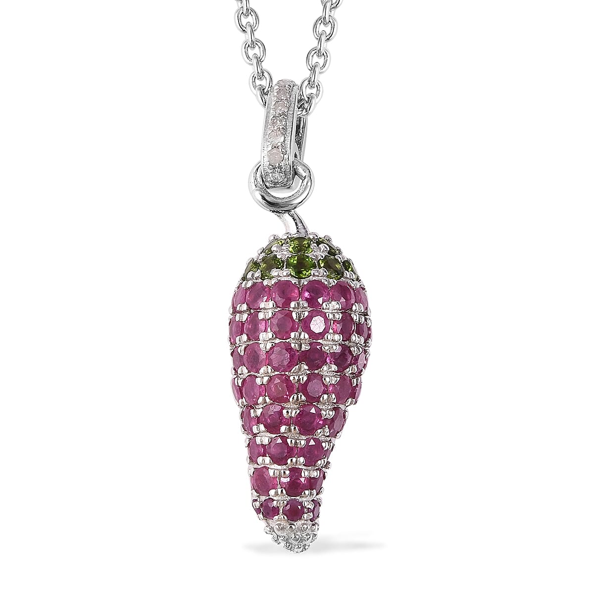 GP African Ruby (Rnd), Chrome Diopside, Diamond and Blue Sapphire Chilli Pepper Design Pendant with Chain (Size 18) in Rhodium Overlay Sterling Silver 4.49 Ct, Silver wt 5.03 Gms