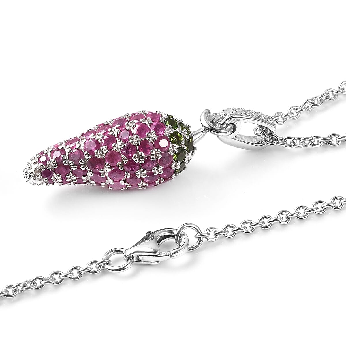 GP African Ruby (Rnd), Chrome Diopside, Diamond and Blue Sapphire Chilli Pepper Design Pendant with Chain (Size 18) in Rhodium Overlay Sterling Silver 4.49 Ct, Silver wt 5.03 Gms