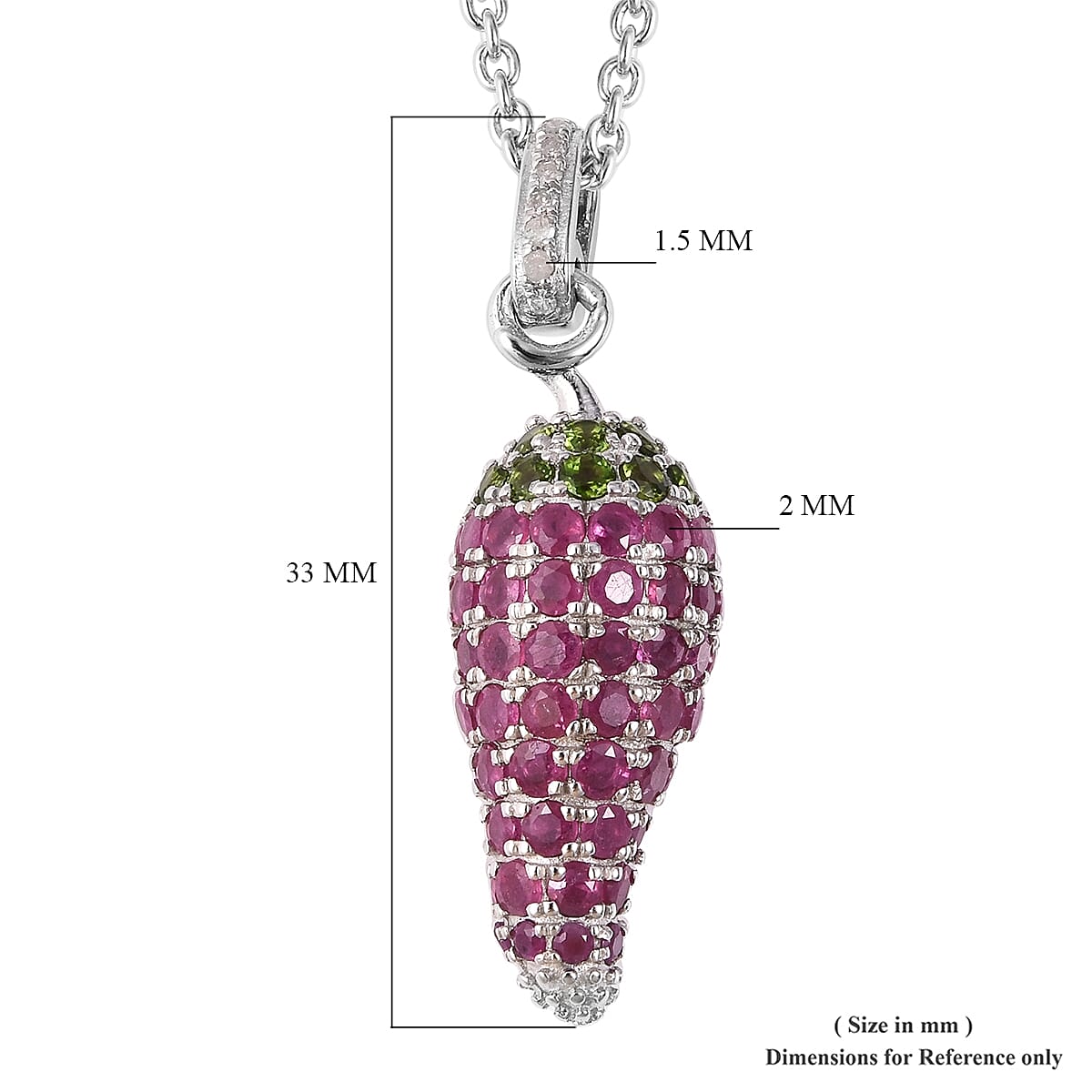 GP African Ruby (Rnd), Chrome Diopside, Diamond and Blue Sapphire Chilli Pepper Design Pendant with Chain (Size 18) in Rhodium Overlay Sterling Silver 4.49 Ct, Silver wt 5.03 Gms