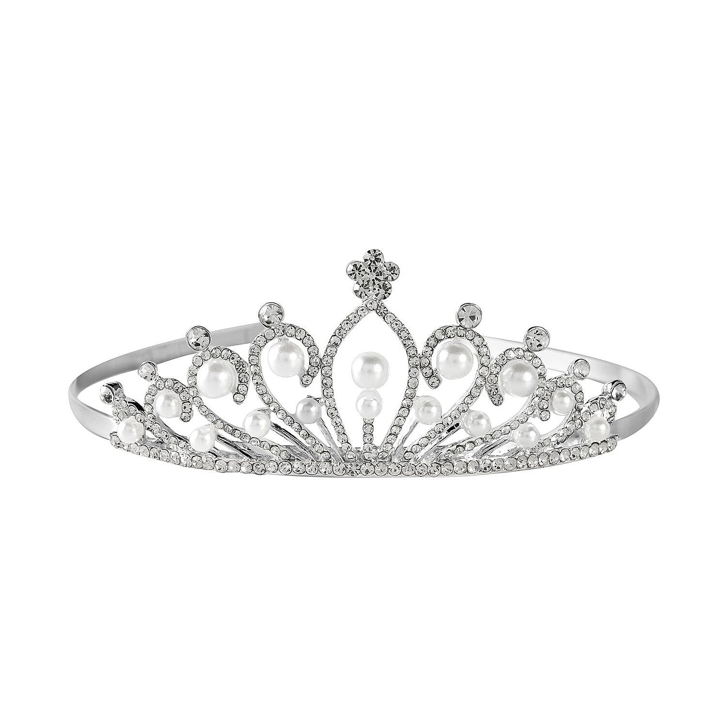 White Austrian Crystal and Simulated Pearl Tiara in Silver Tone