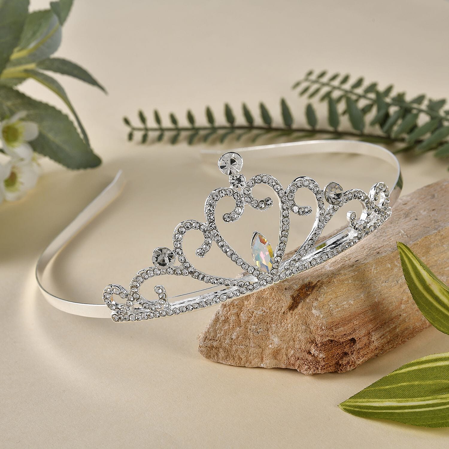 White Austrian Crystal and Simulated Pearl Tiara in Silver Tone