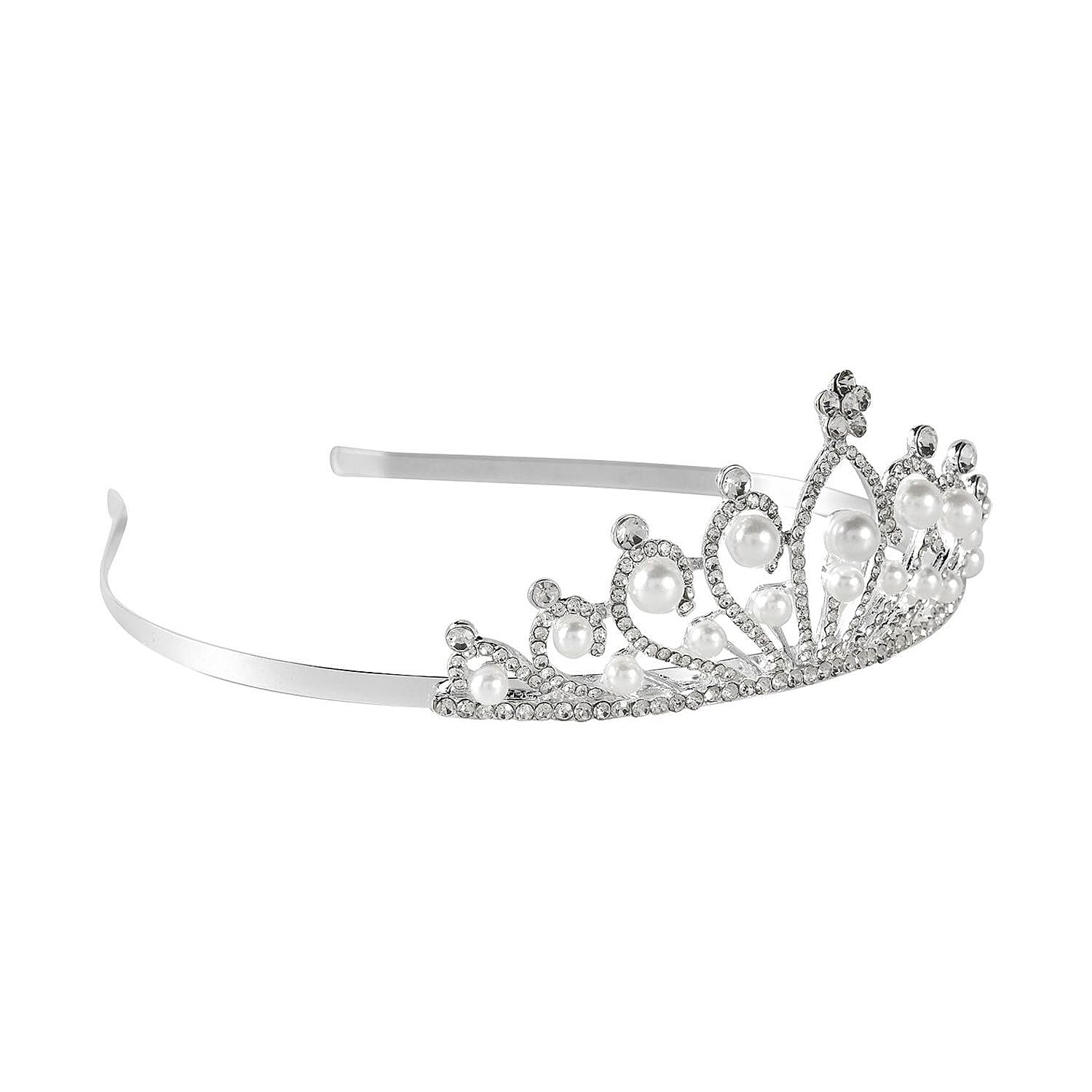 White Austrian Crystal and Simulated Pearl Tiara in Silver Tone