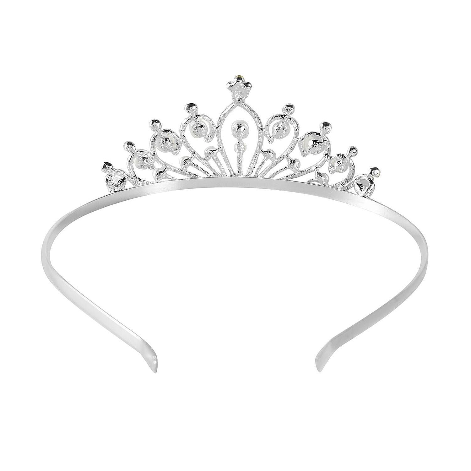 White Austrian Crystal and Simulated Pearl Tiara in Silver Tone