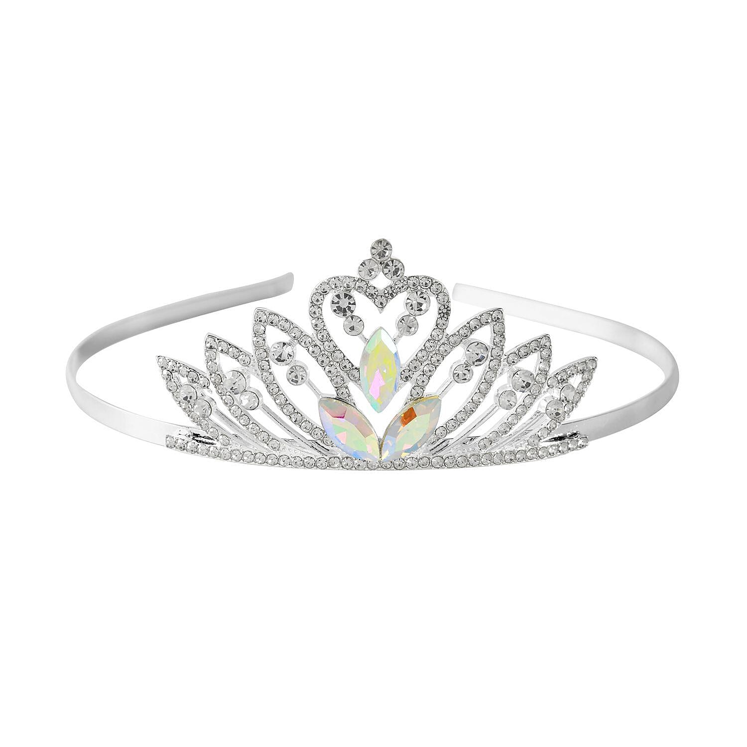 White Austrian Crystal and Simulated Mercury Mystic Topaz Tiara in Silver Tone