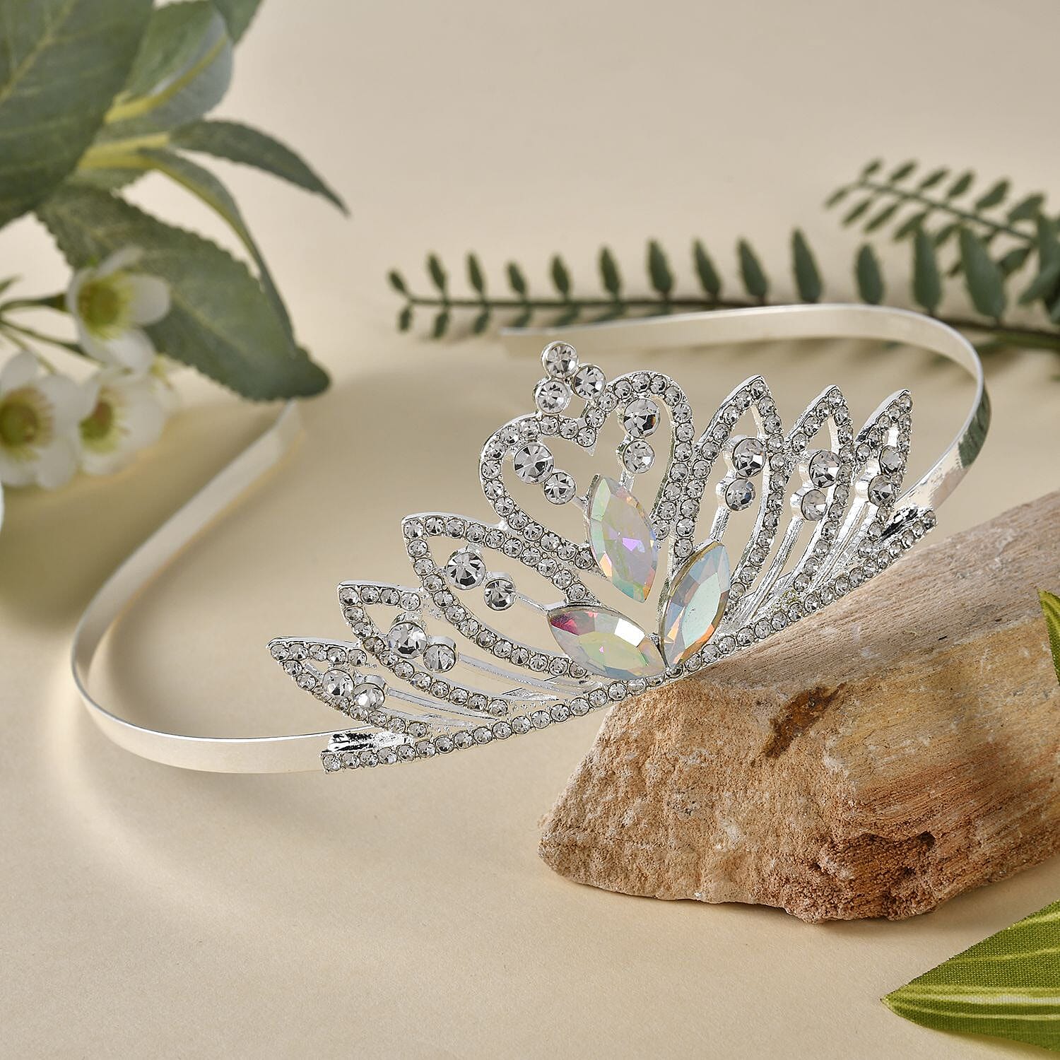 White Austrian Crystal and Simulated Mercury Mystic Topaz Tiara in Silver Tone
