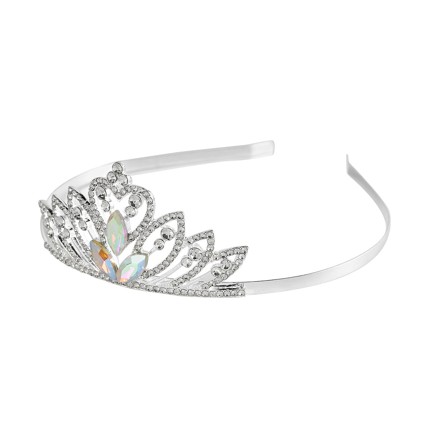 White Austrian Crystal and Simulated Mercury Mystic Topaz Tiara in Silver Tone