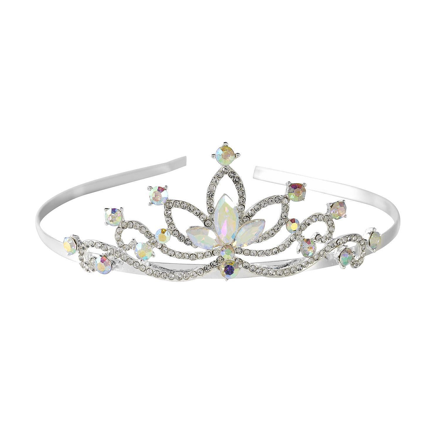 White Austrian Crystal and Simulated Mercury Mystic Topaz Tiara in Silver Tone