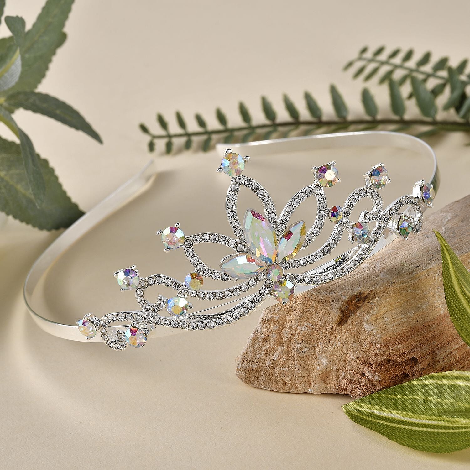 White Austrian Crystal and Simulated Mercury Mystic Topaz Tiara in Silver Tone