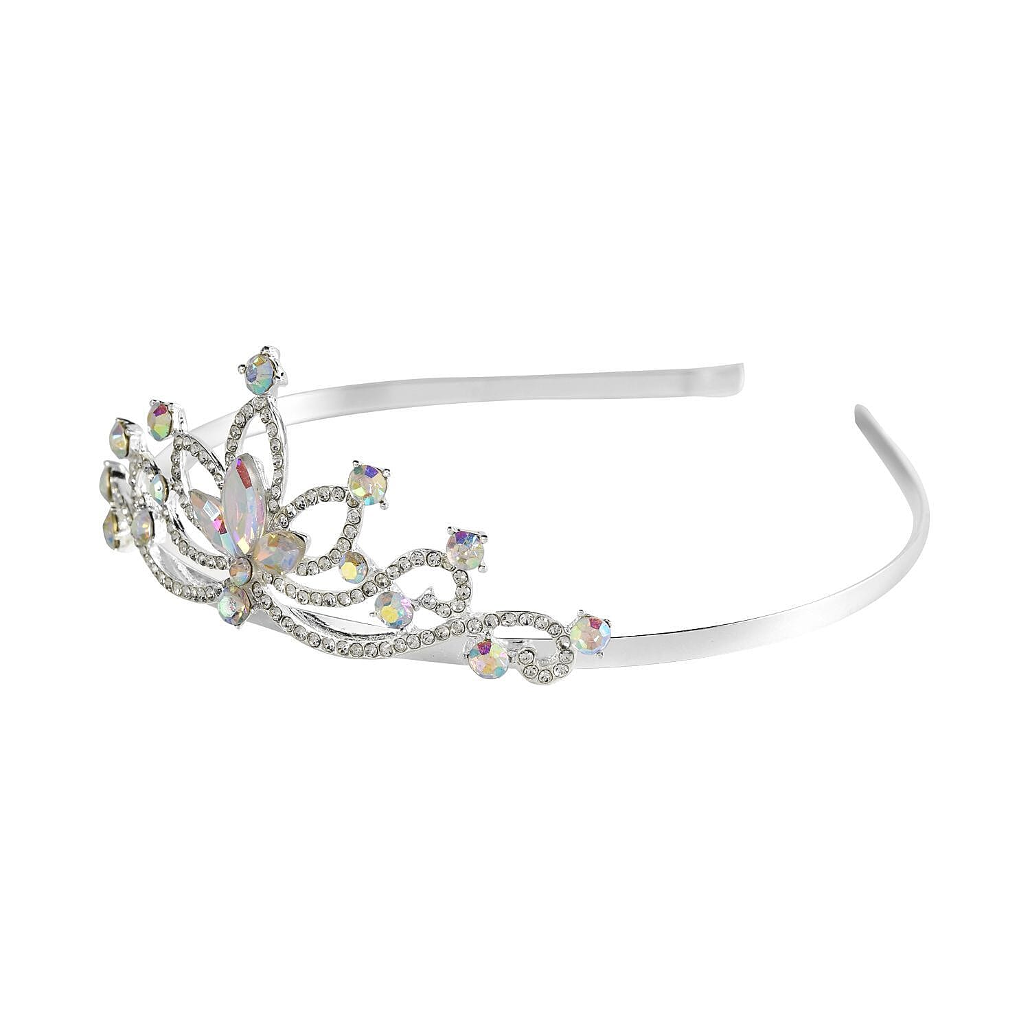White Austrian Crystal and Simulated Mercury Mystic Topaz Tiara in Silver Tone