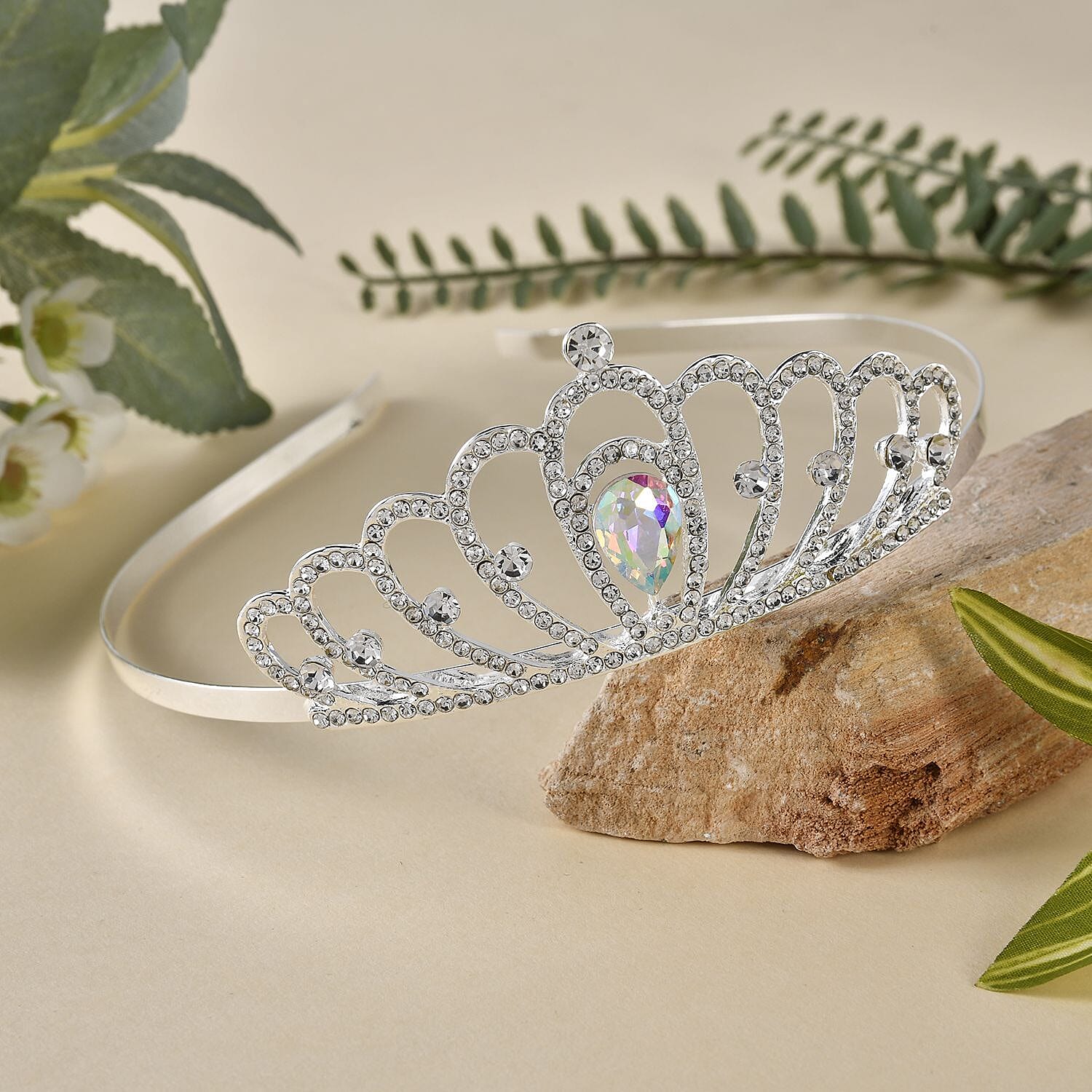 White Austrian Crystal and Simulated Mercury Mystic Topaz Tiara in Silver Tone